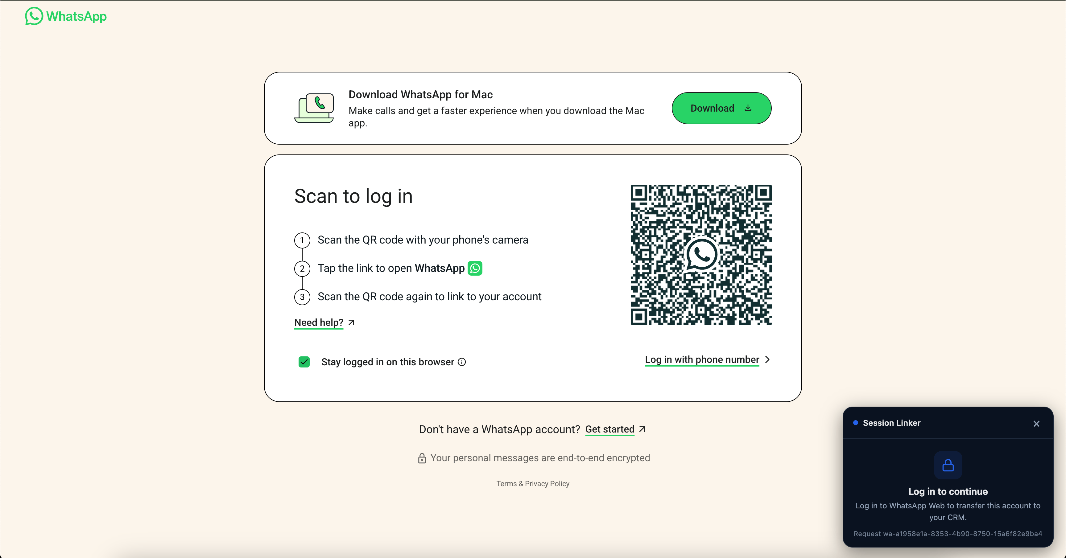 WhatsApp Web login page with the Session Linker panel asking you to log in to continue