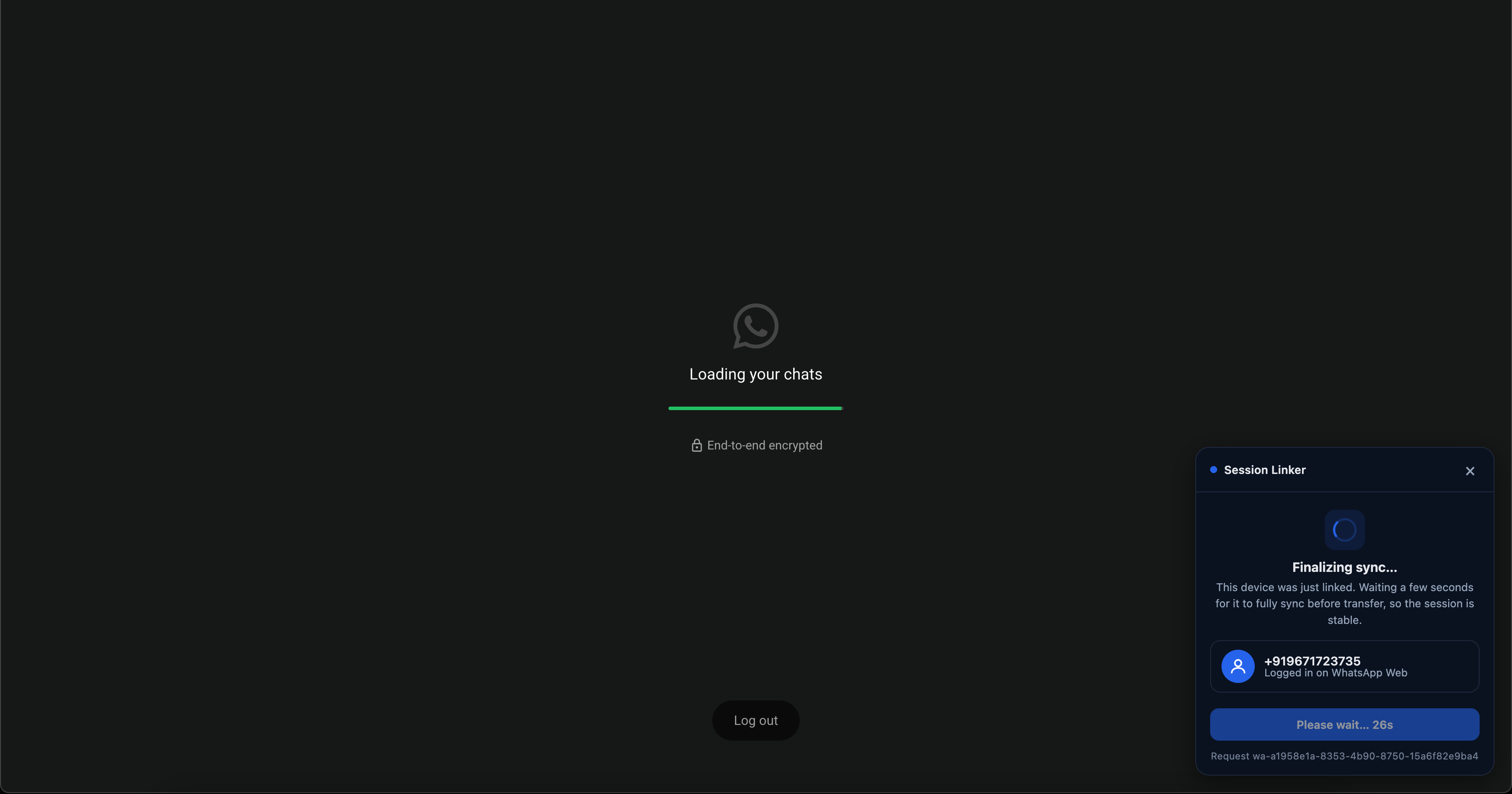 The Session Linker panel showing Finalizing sync with a countdown while WhatsApp Web loads chats
