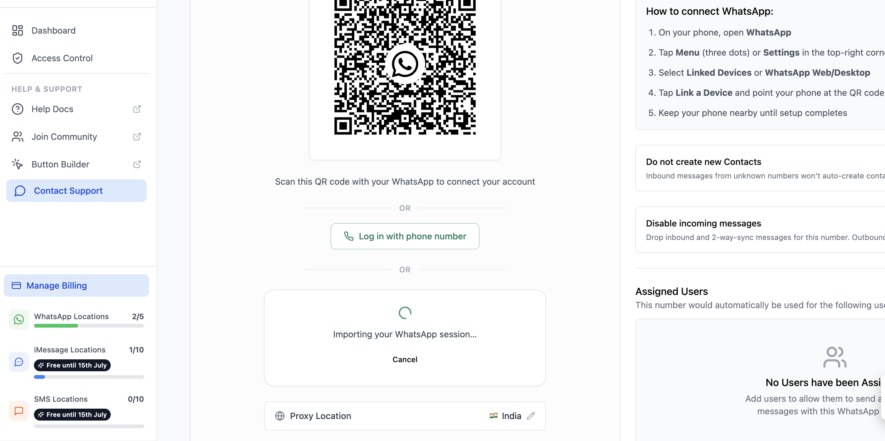 The CRM connection screen showing Importing your WhatsApp session