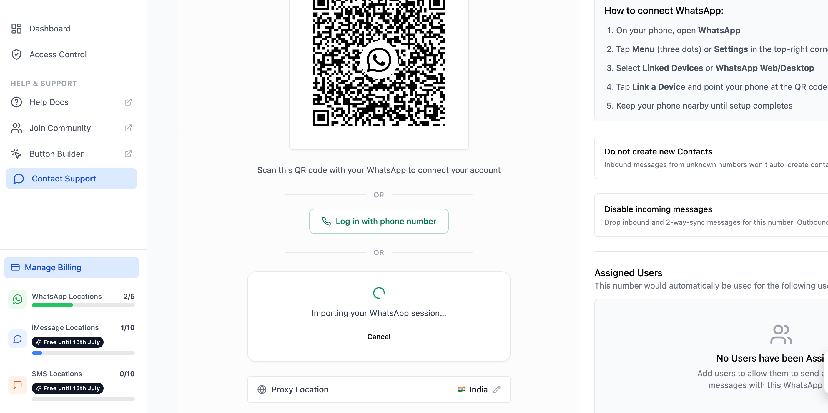 The CRM connection screen showing Importing your WhatsApp session