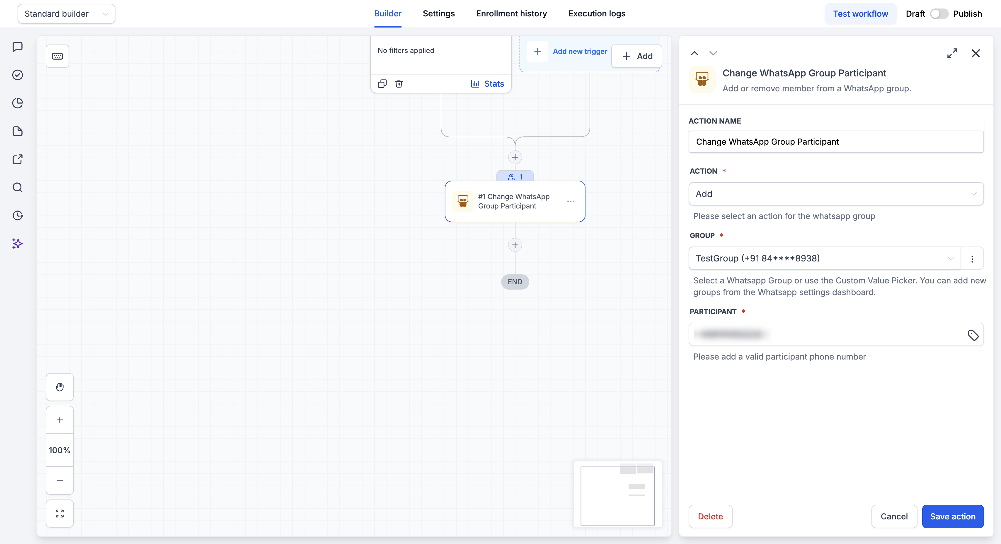 Configuración de la acción Cambiar Participante de Grupo de WhatsApp