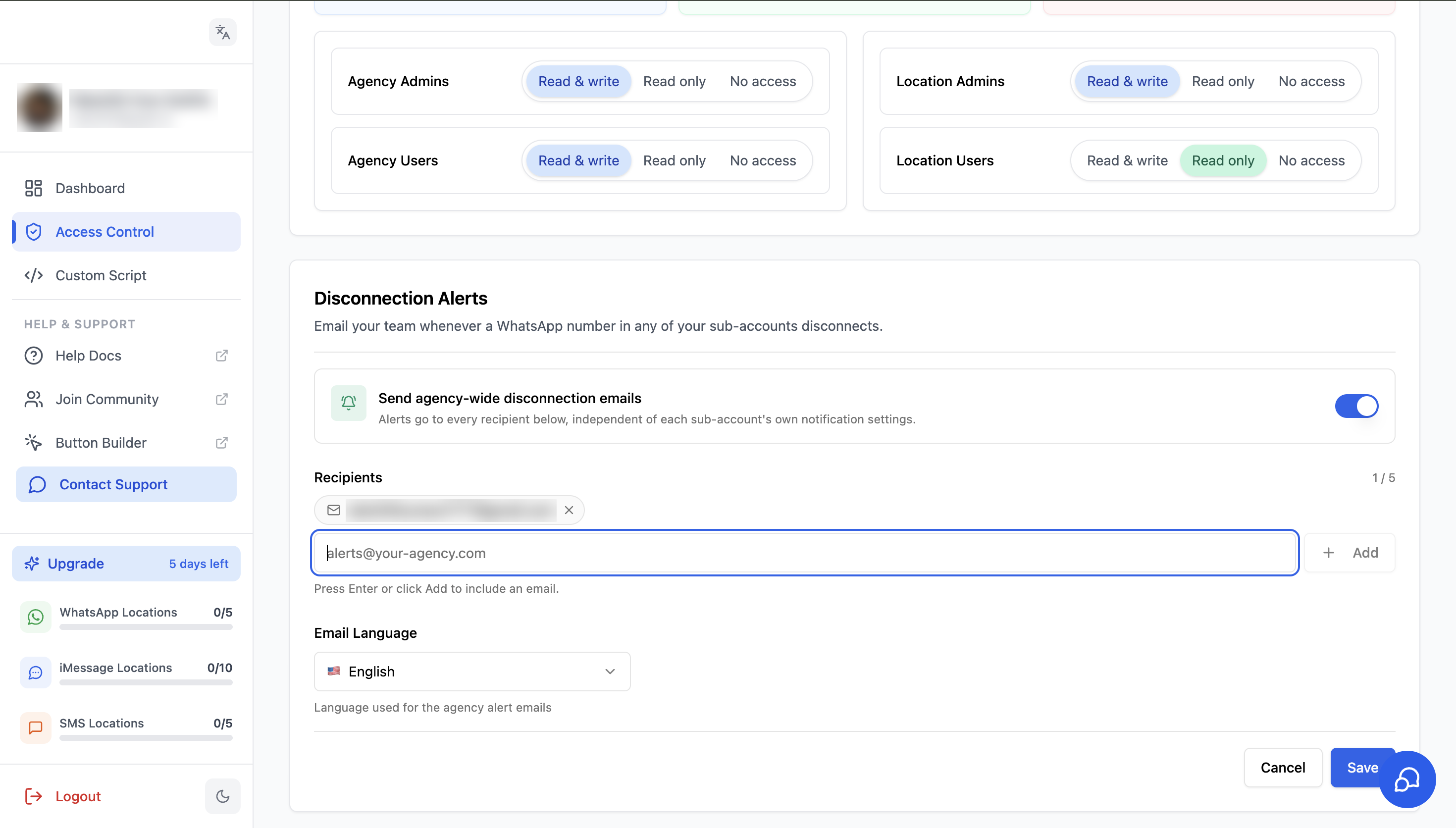 Disconnection Alerts with one recipient added and the Save button active