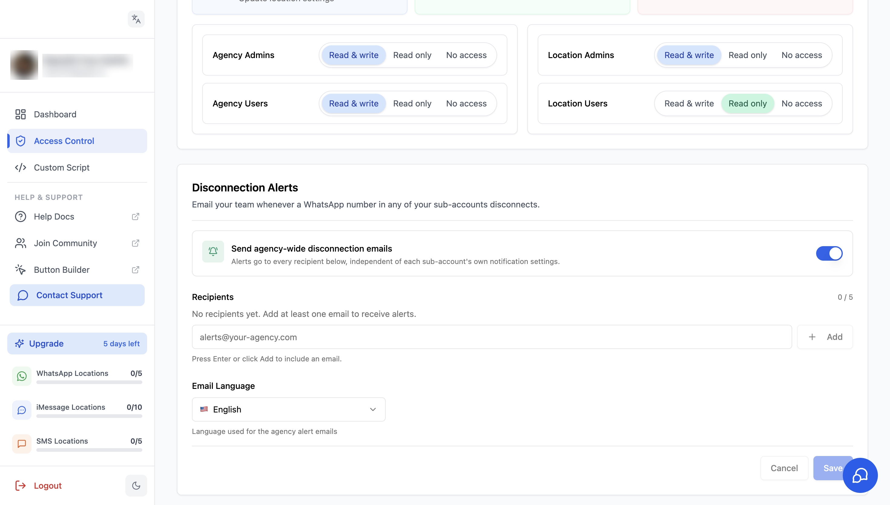 Disconnection Alerts card in Access Control on the agency dashboard