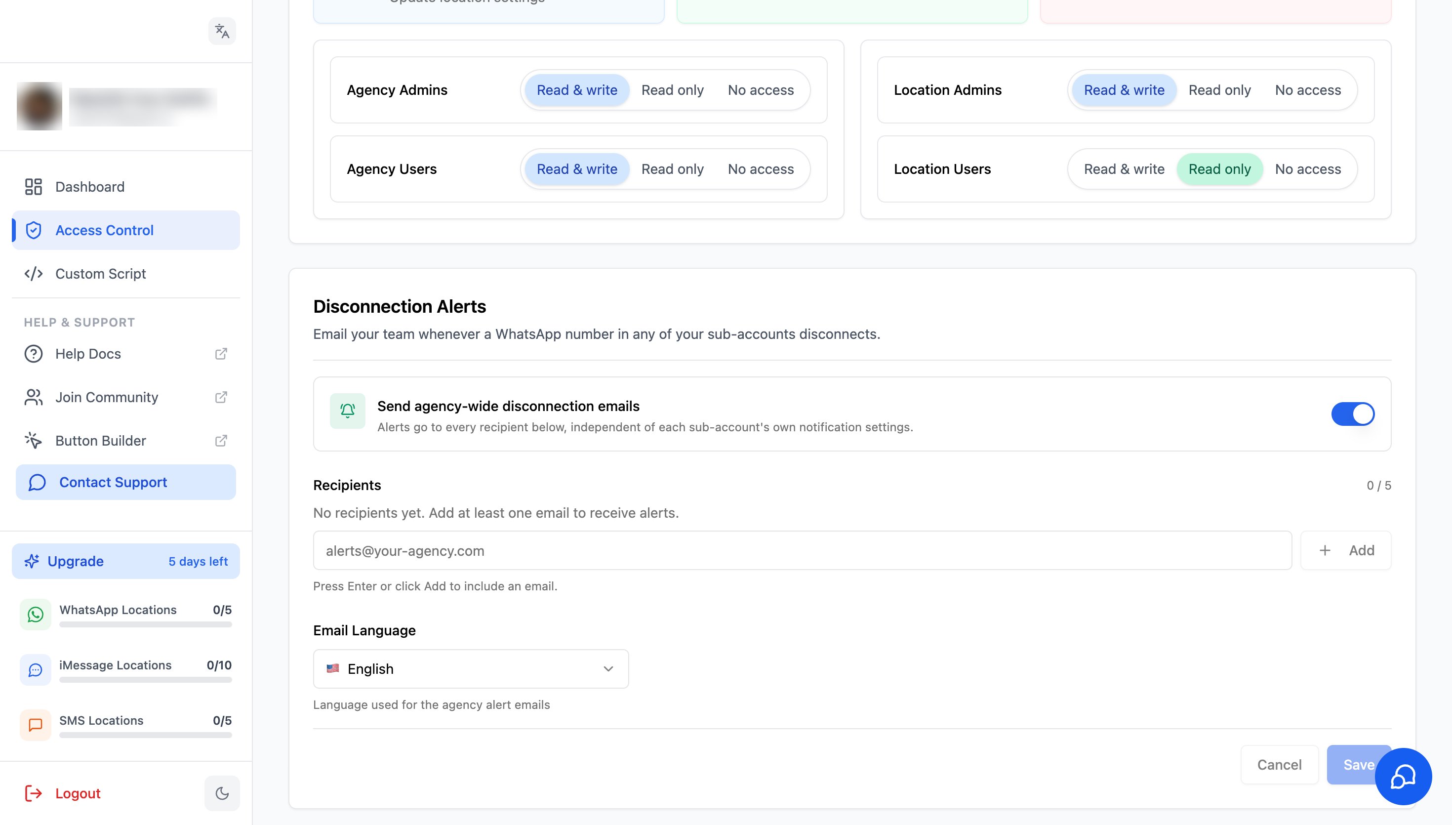 Disconnection Alerts card in Access Control on the agency dashboard