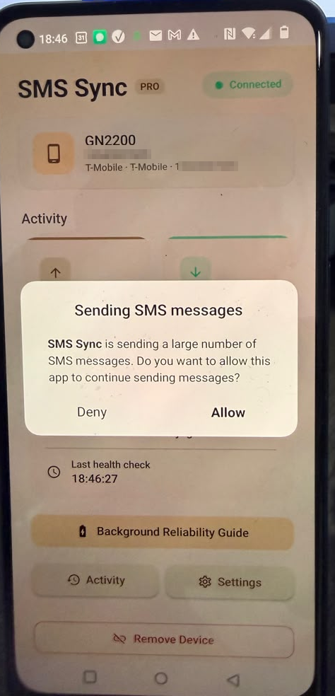Android warning that SMS Sync is sending a large number of messages, with Deny and Allow options