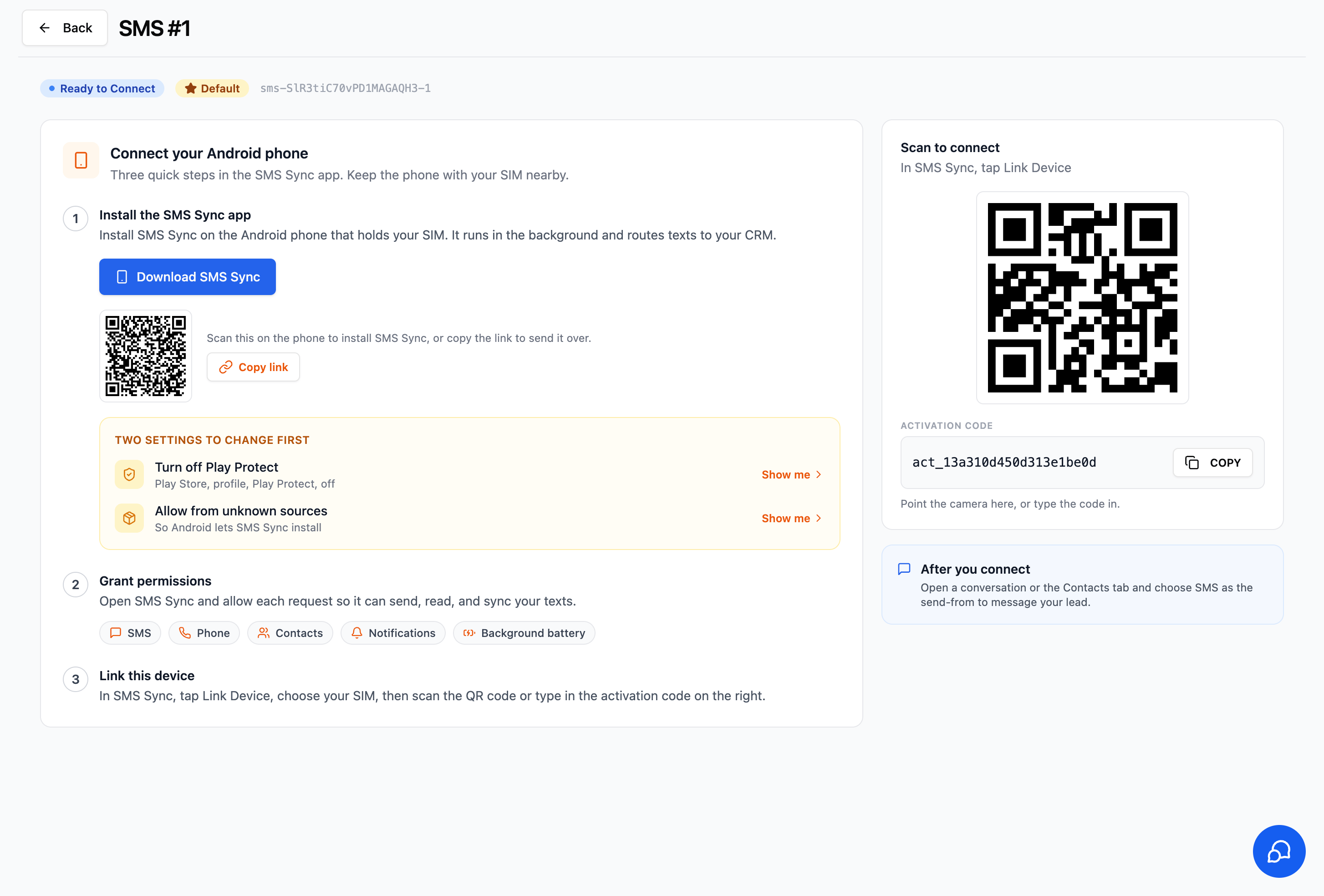 Device page with the Download SMS Sync button, install QR code, and activation code