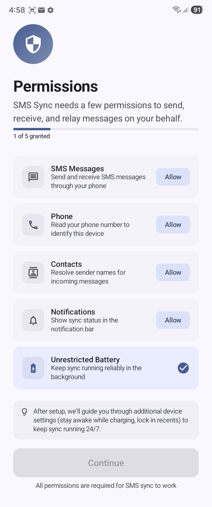 Grant all SMS Sync permissions