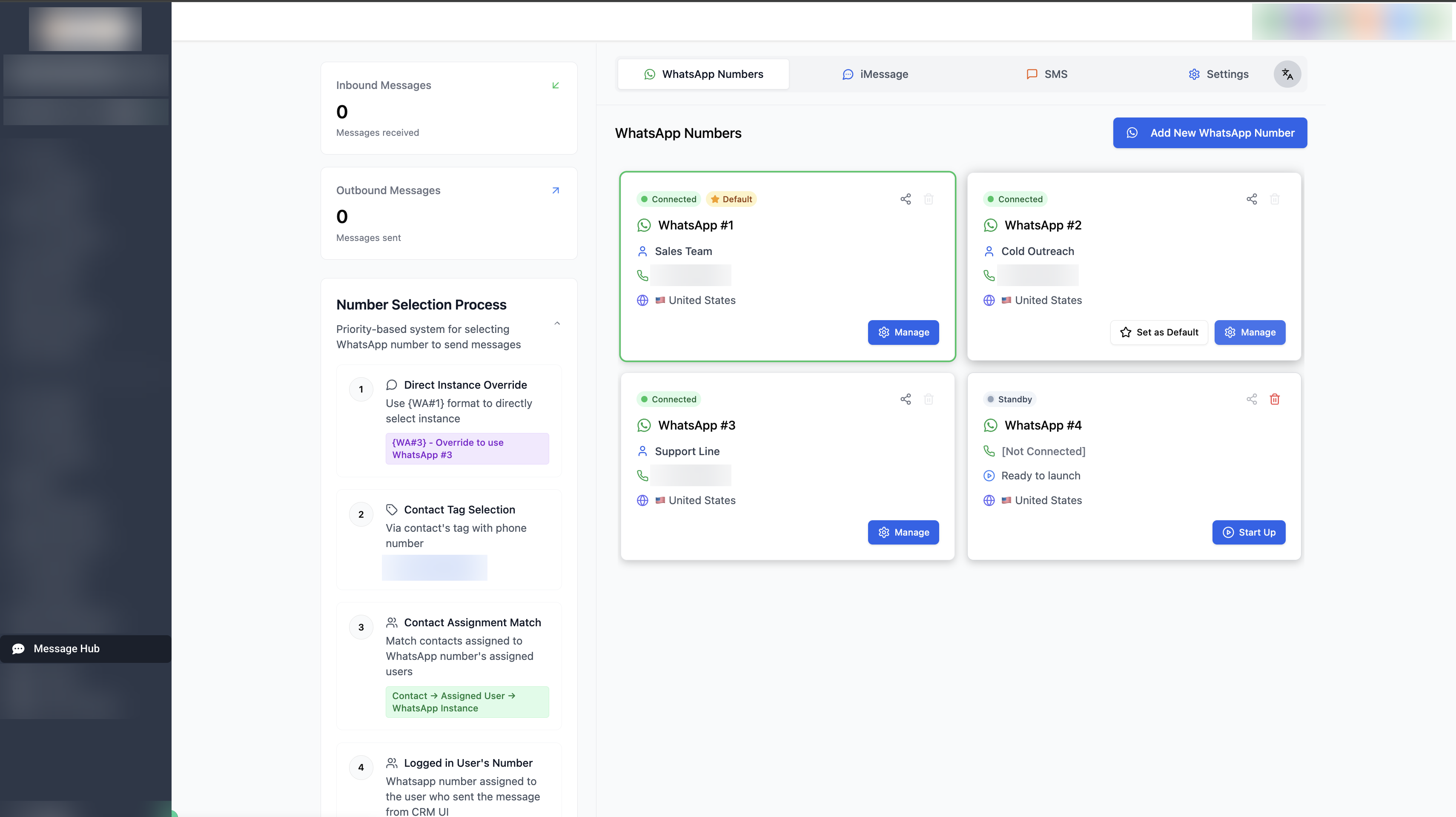 Lista de números de WhatsApp con el botón Manage en cada instancia