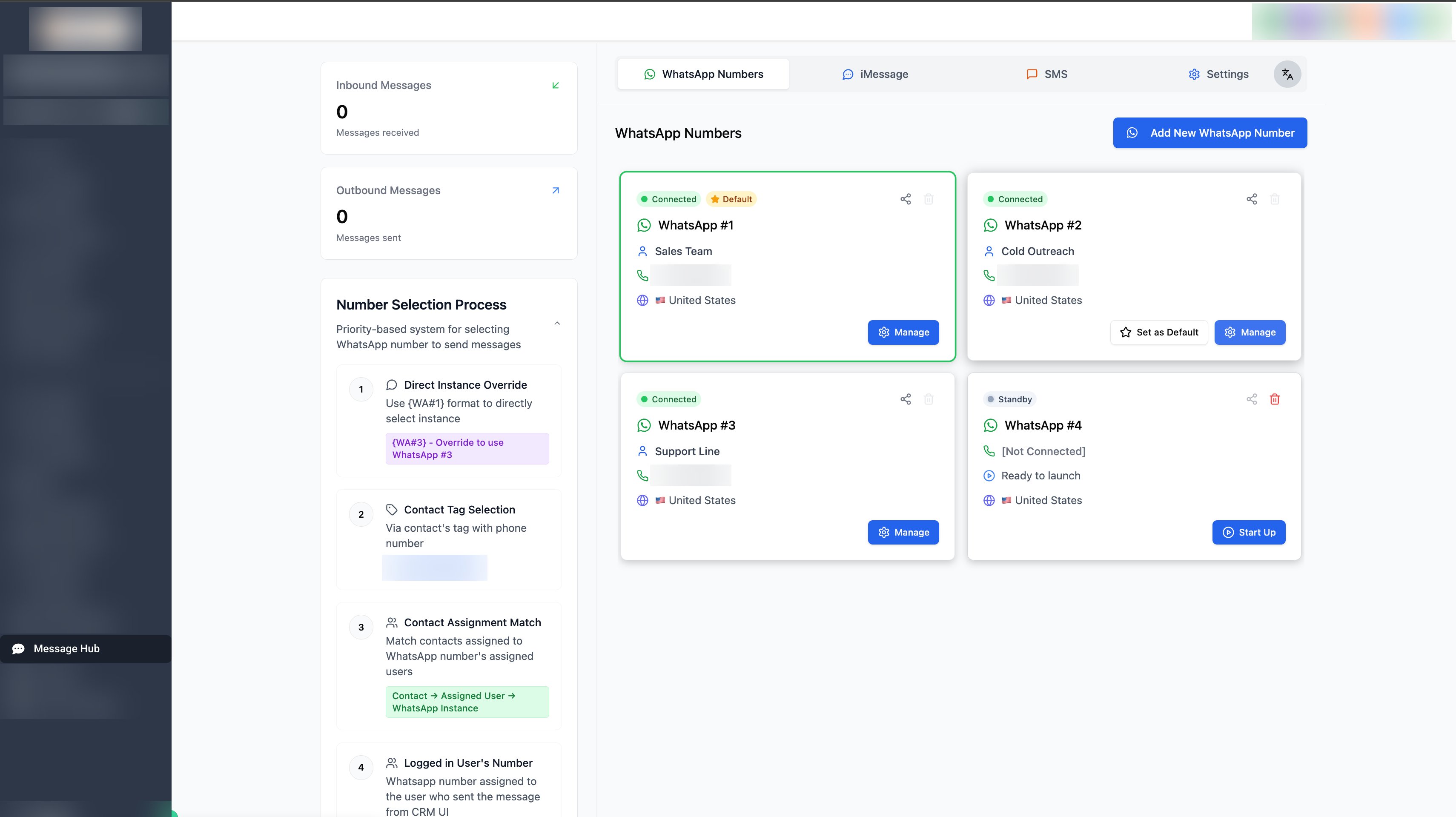 Lista de números de WhatsApp con el botón Manage en cada instancia