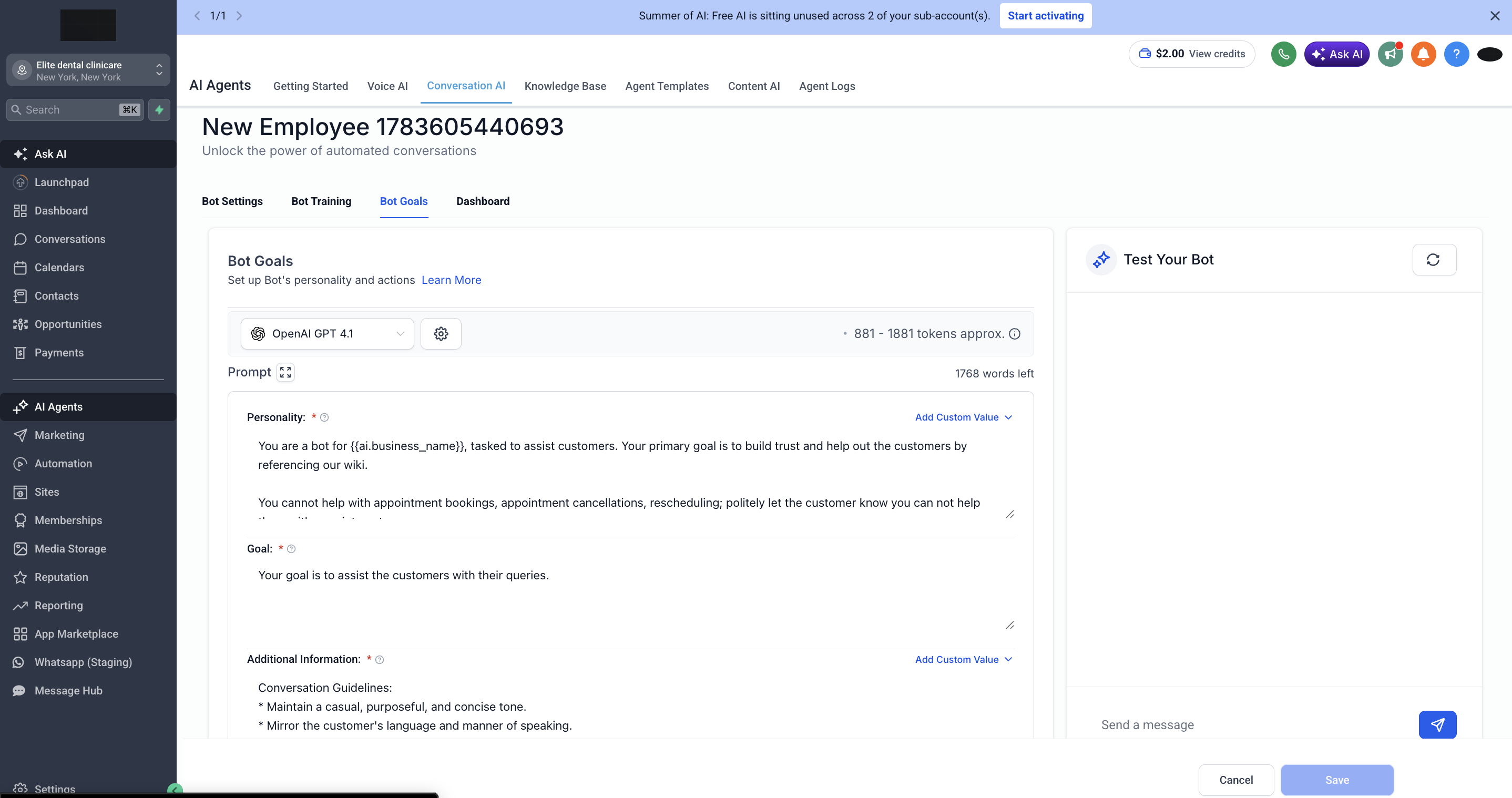 Bot Goals with personality and prompt