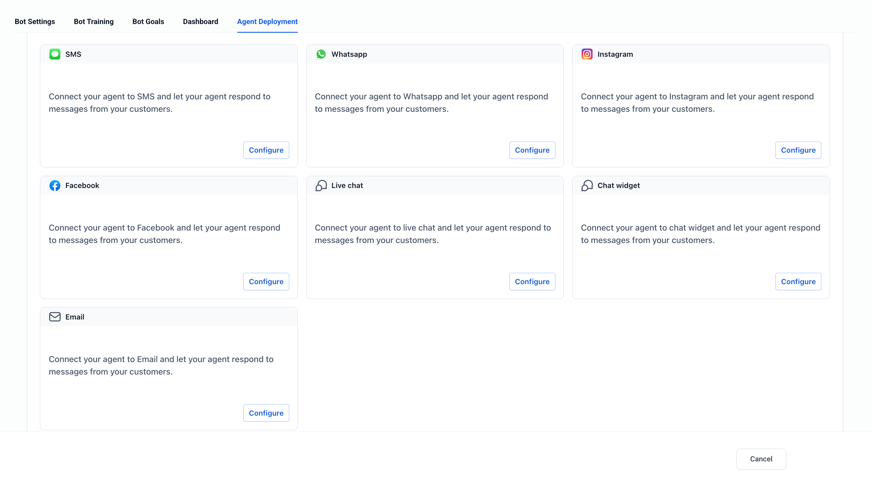Agent Deployment tab with a card per channel