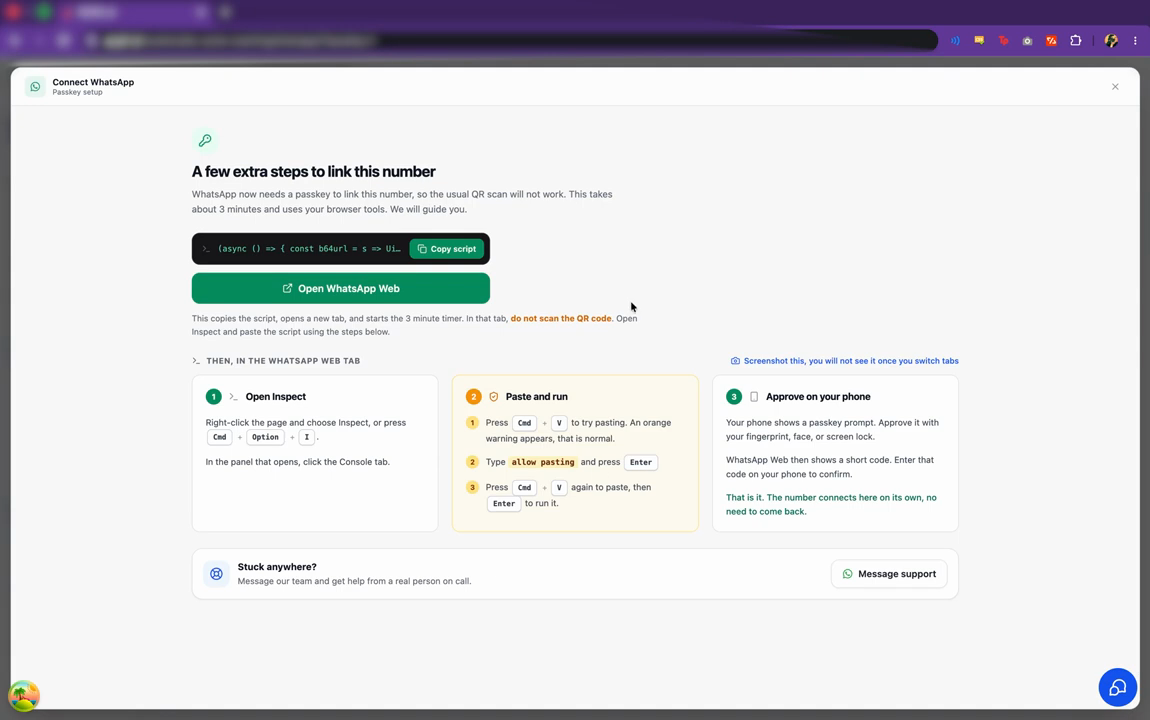 The Passkey setup screen with the Copy script and Open WhatsApp Web buttons