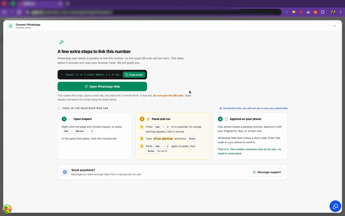 The Passkey setup screen with the Copy script and Open WhatsApp Web buttons