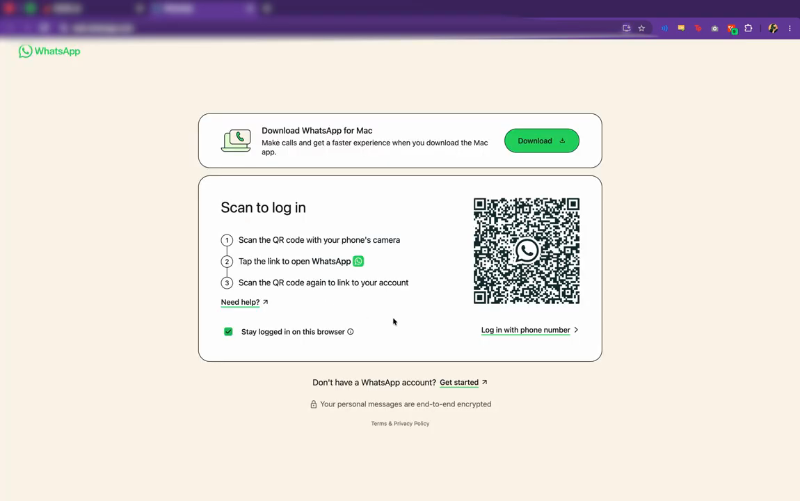 WhatsApp Web open in a new tab showing the Scan to log in QR code - do not scan it