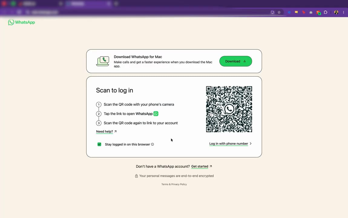WhatsApp Web open in a new tab showing the Scan to log in QR code - do not scan it