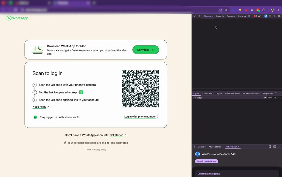 WhatsApp Web with the browser developer tools open on the Console tab
