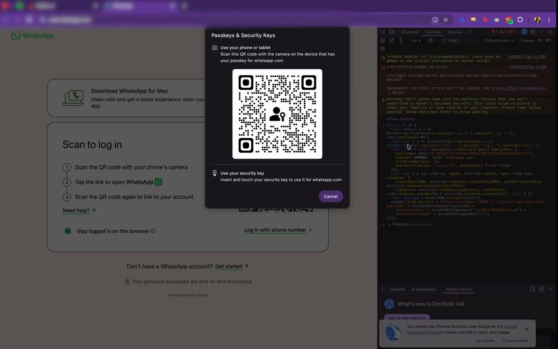 The Passkeys & Security Keys prompt with a QR code to approve on your phone