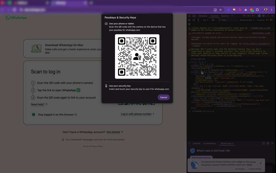 The Passkeys & Security Keys prompt with a QR code to approve on your phone