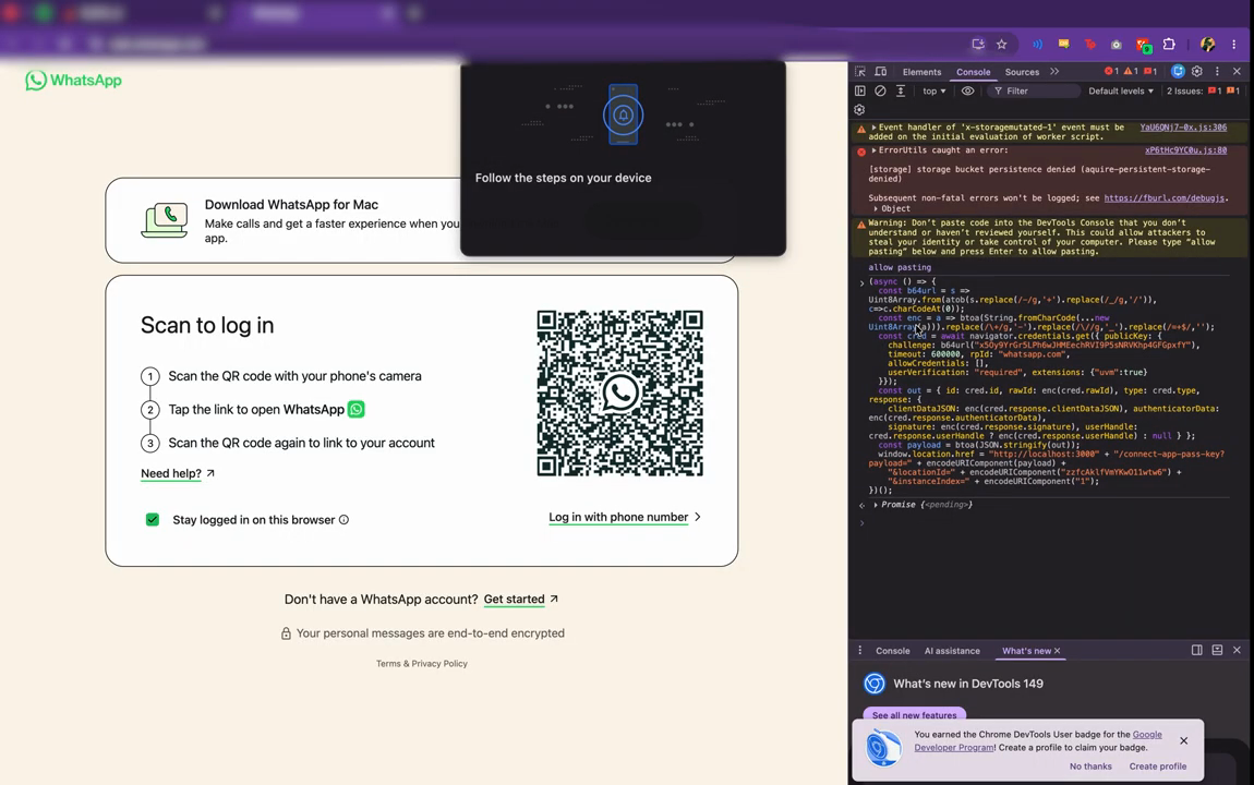 The browser showing "Follow the steps on your device" while the passkey is approved on the phone
