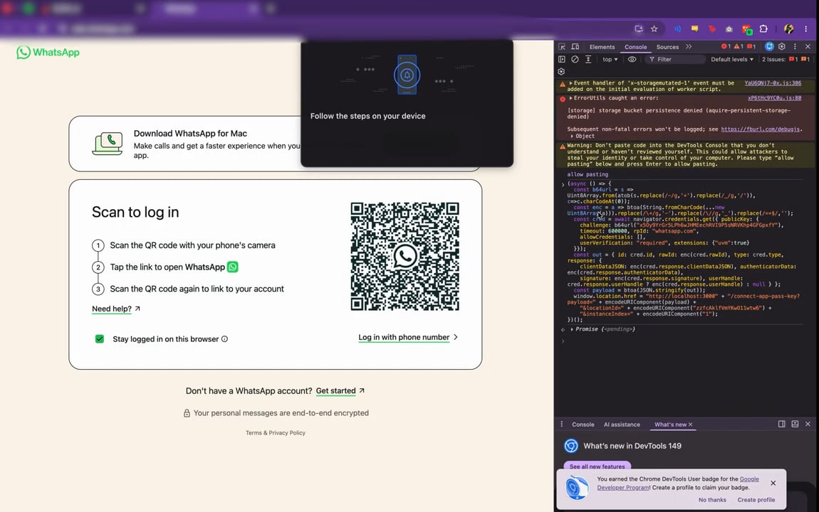 The browser showing "Follow the steps on your device" while the passkey is approved on the phone