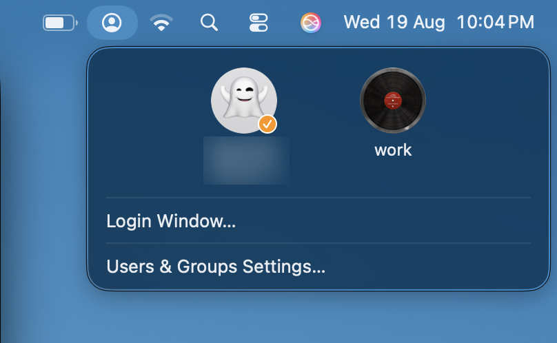 The Fast User Switching menu in the menu bar listing all profiles