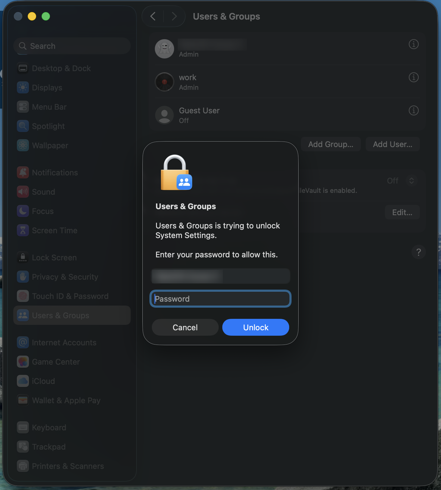 Enter your admin password to unlock Users & Groups