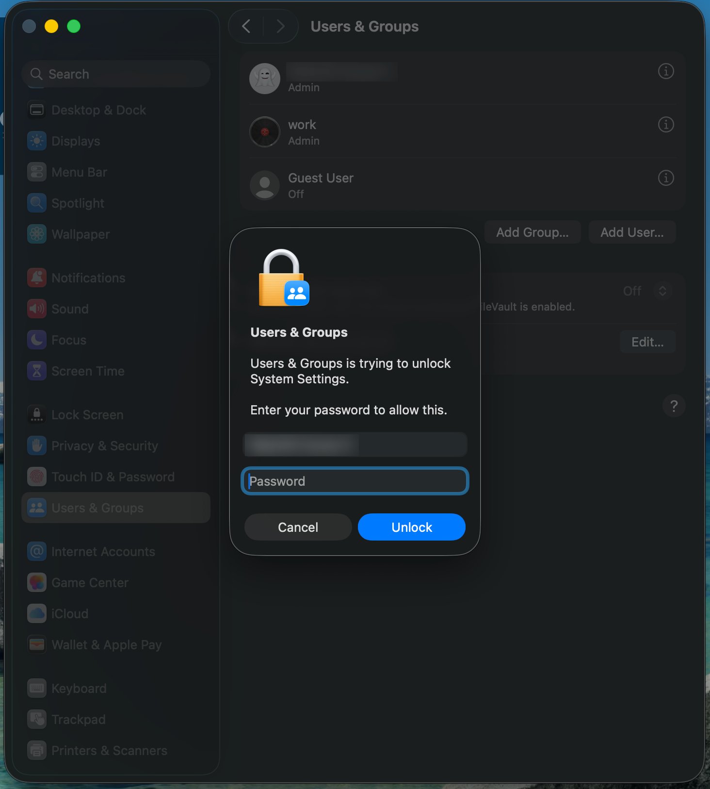 Enter your admin password to unlock Users & Groups