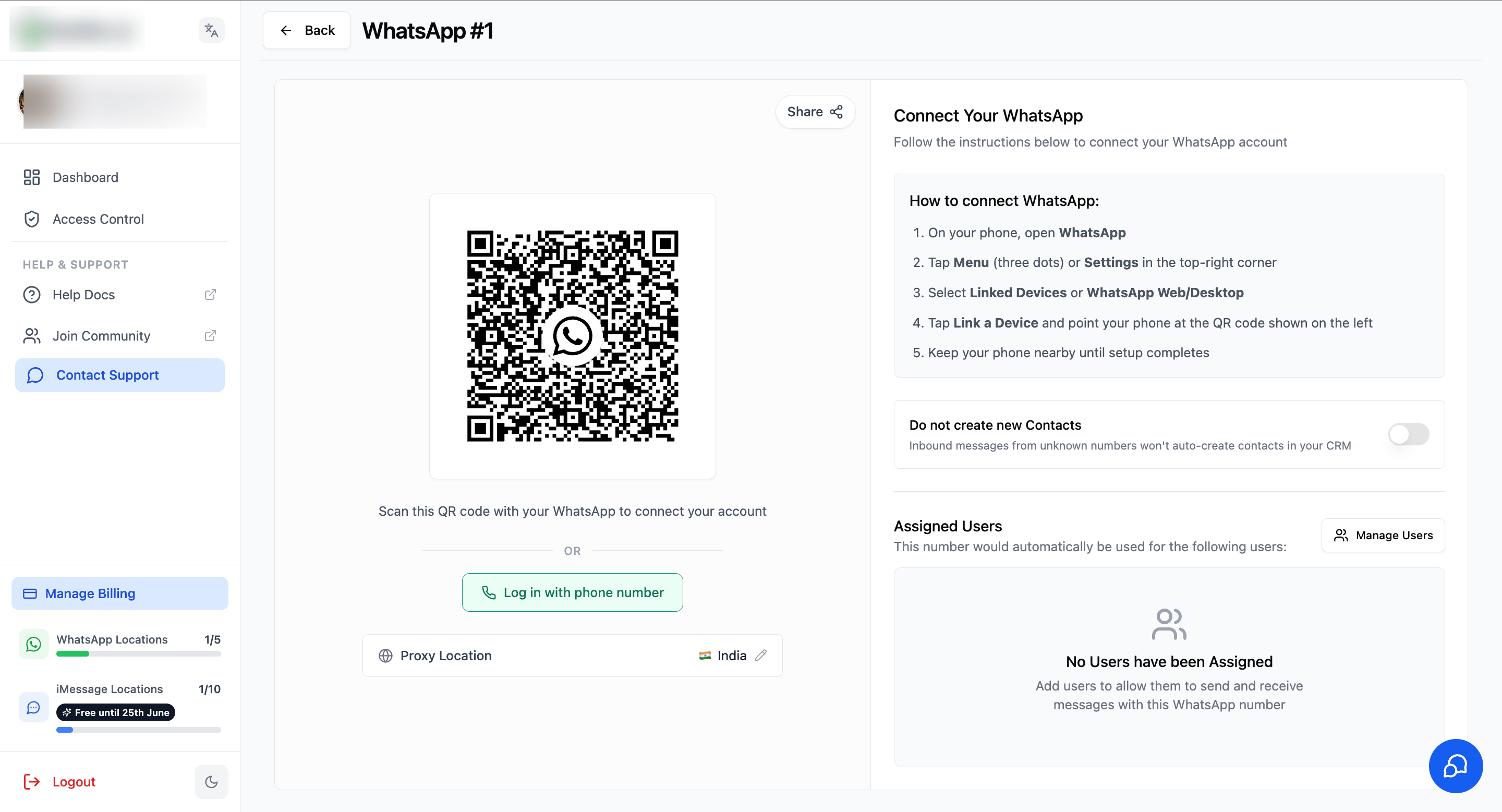 WhatsApp connection screen with the Log in with phone number button