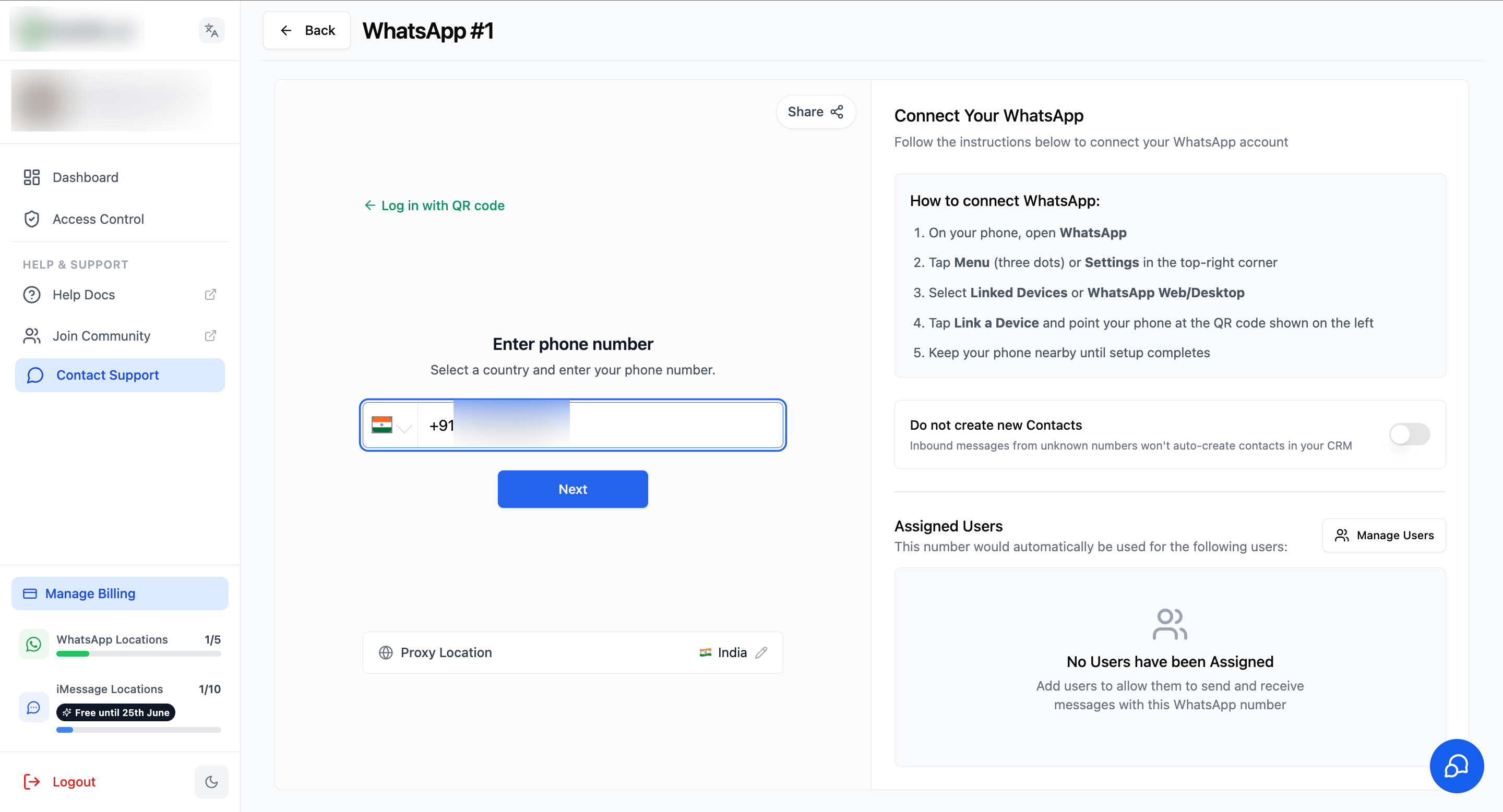 Enter the phone number for the WhatsApp account