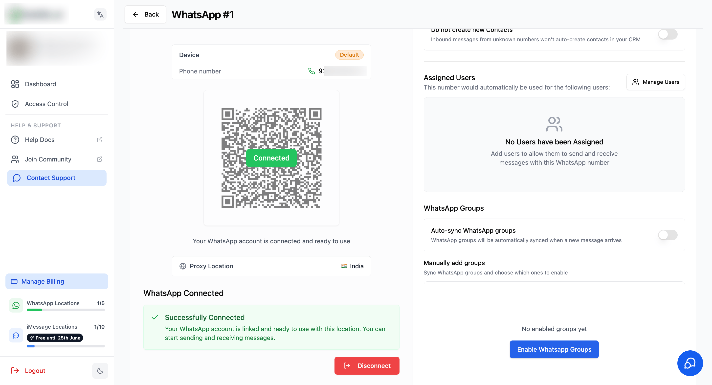 The dashboard shows WhatsApp successfully connected