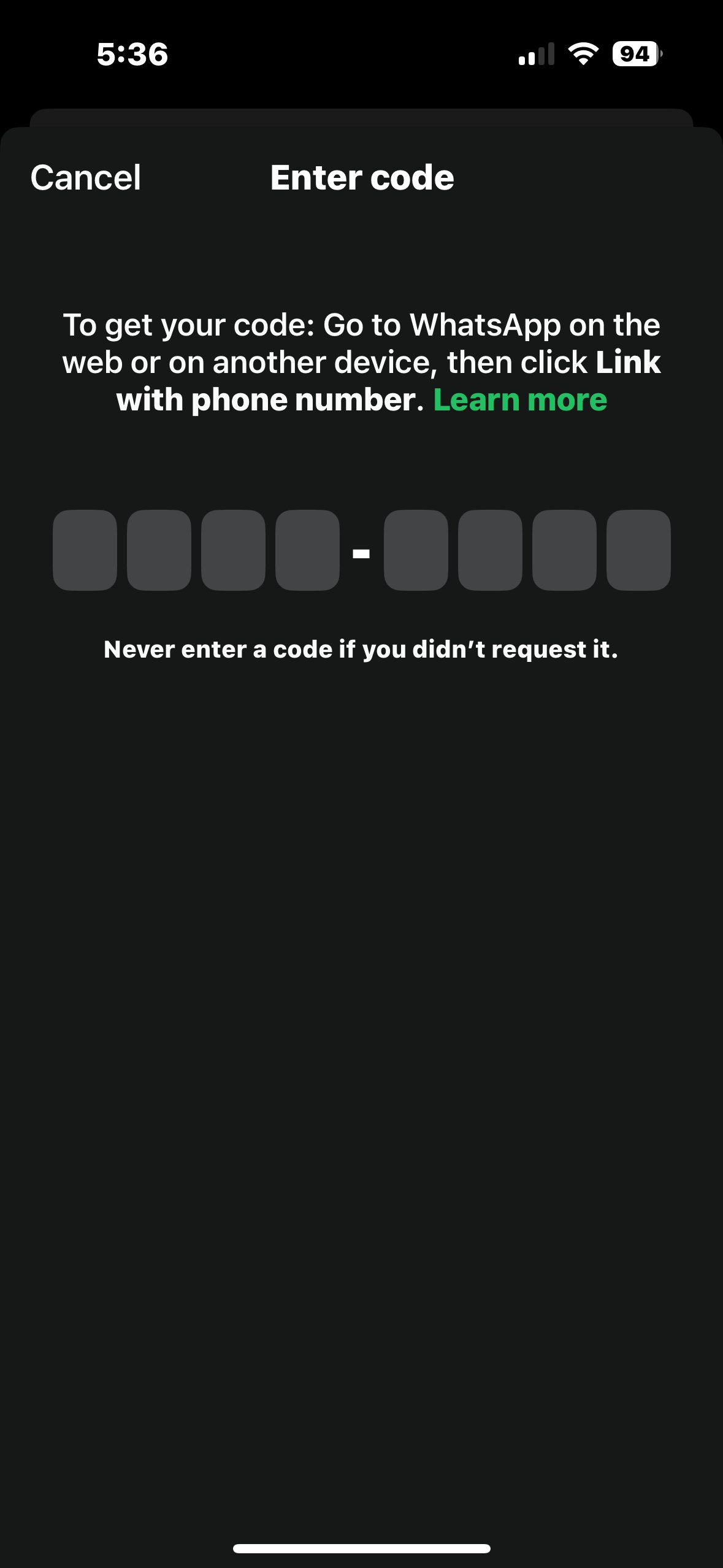 WhatsApp Enter code screen on the phone