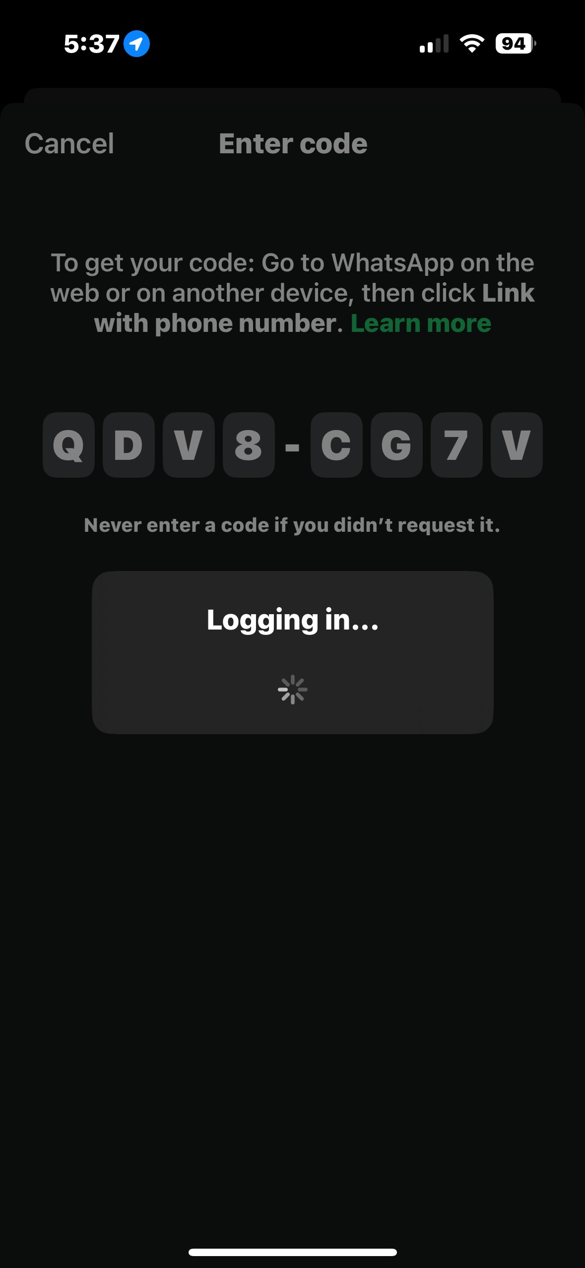 Entering the code in WhatsApp shows Logging in