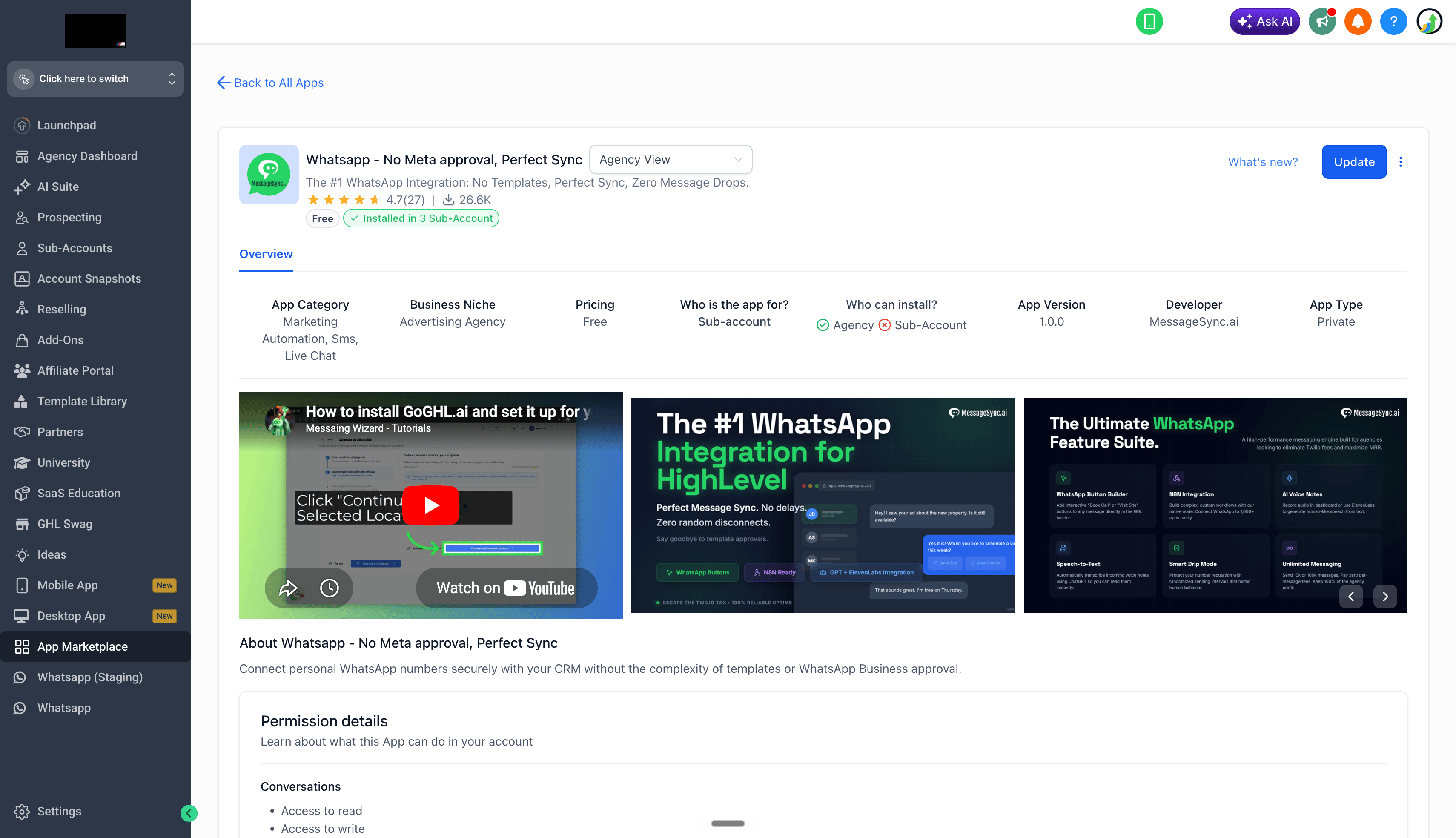 Click the Update button on the marketplace app page