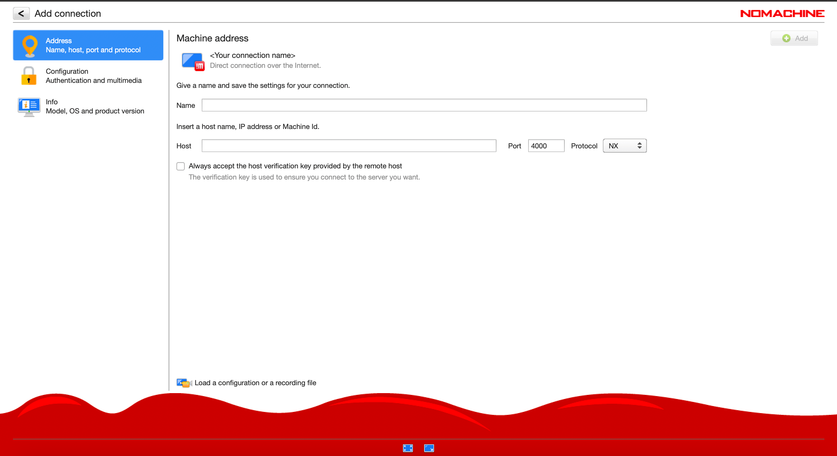 NoMachine Add Connection screen with host, port, and protocol fields