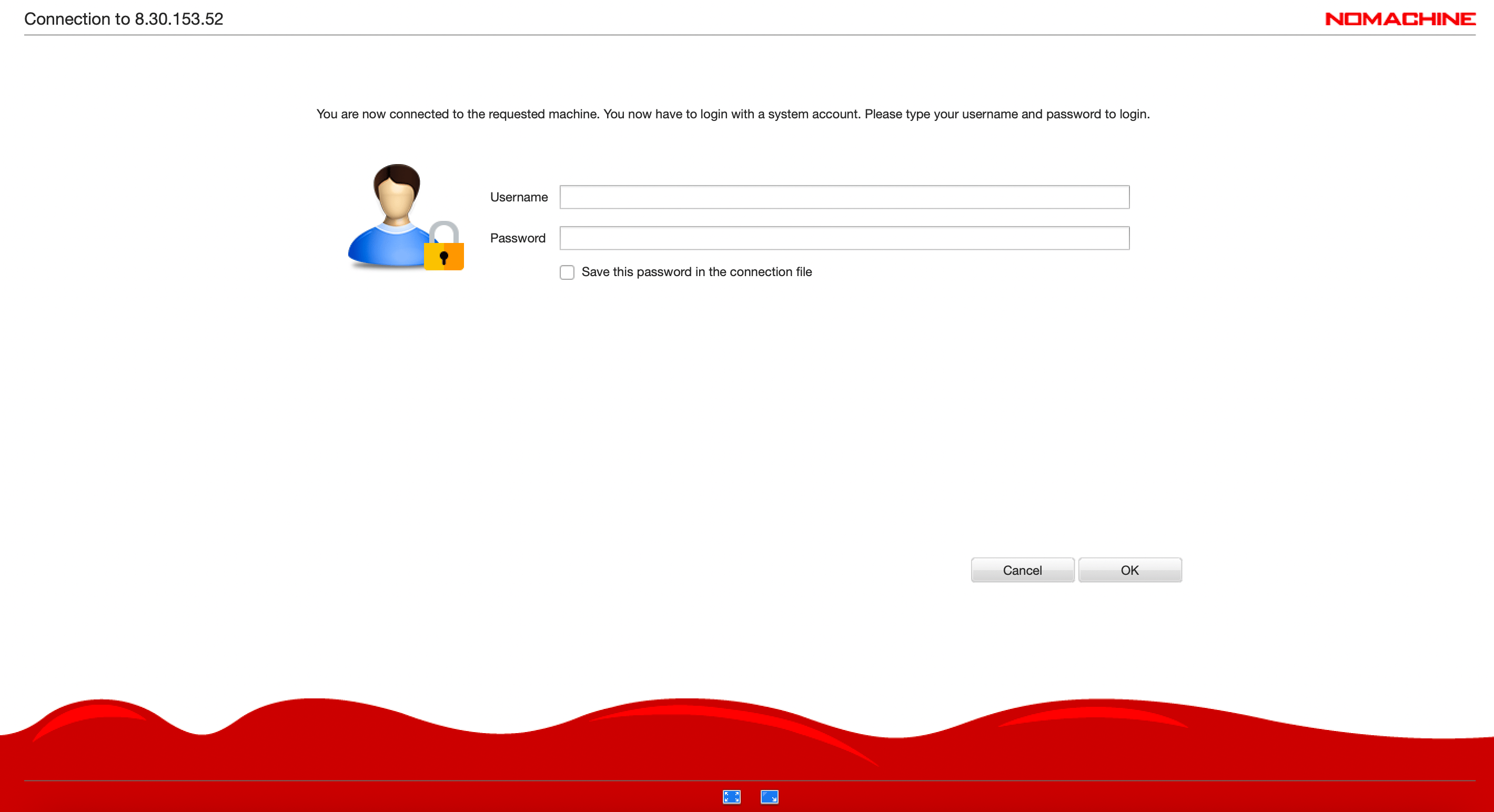 NoMachine login prompt asking for username and password