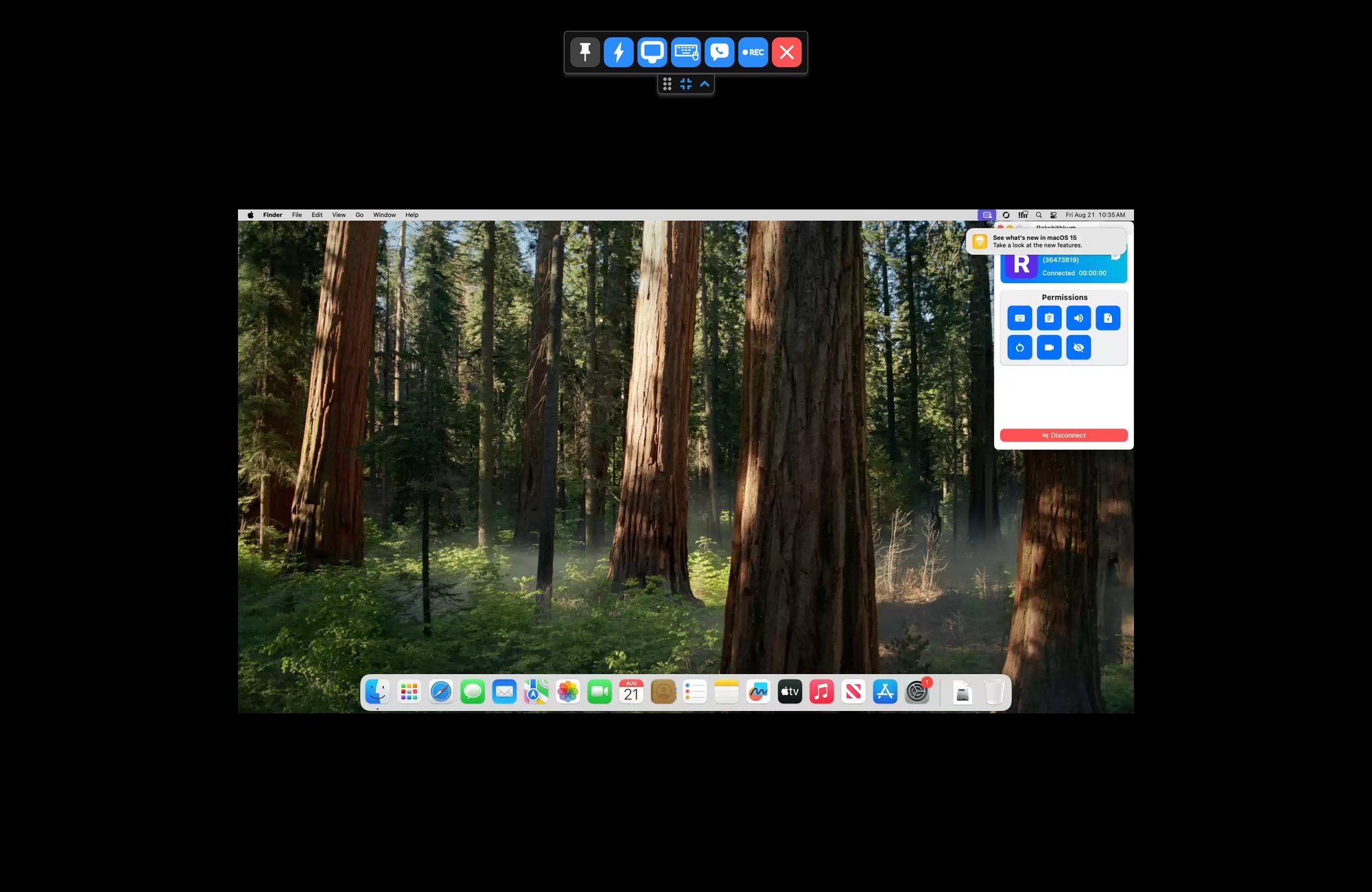 Cloud Mac desktop viewed through a RustDesk remote session
