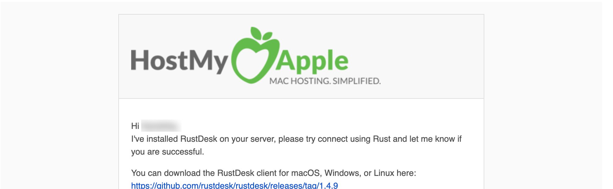 HostMyApple email confirming RustDesk has been installed on the Cloud Mac, with a download link for the RustDesk client