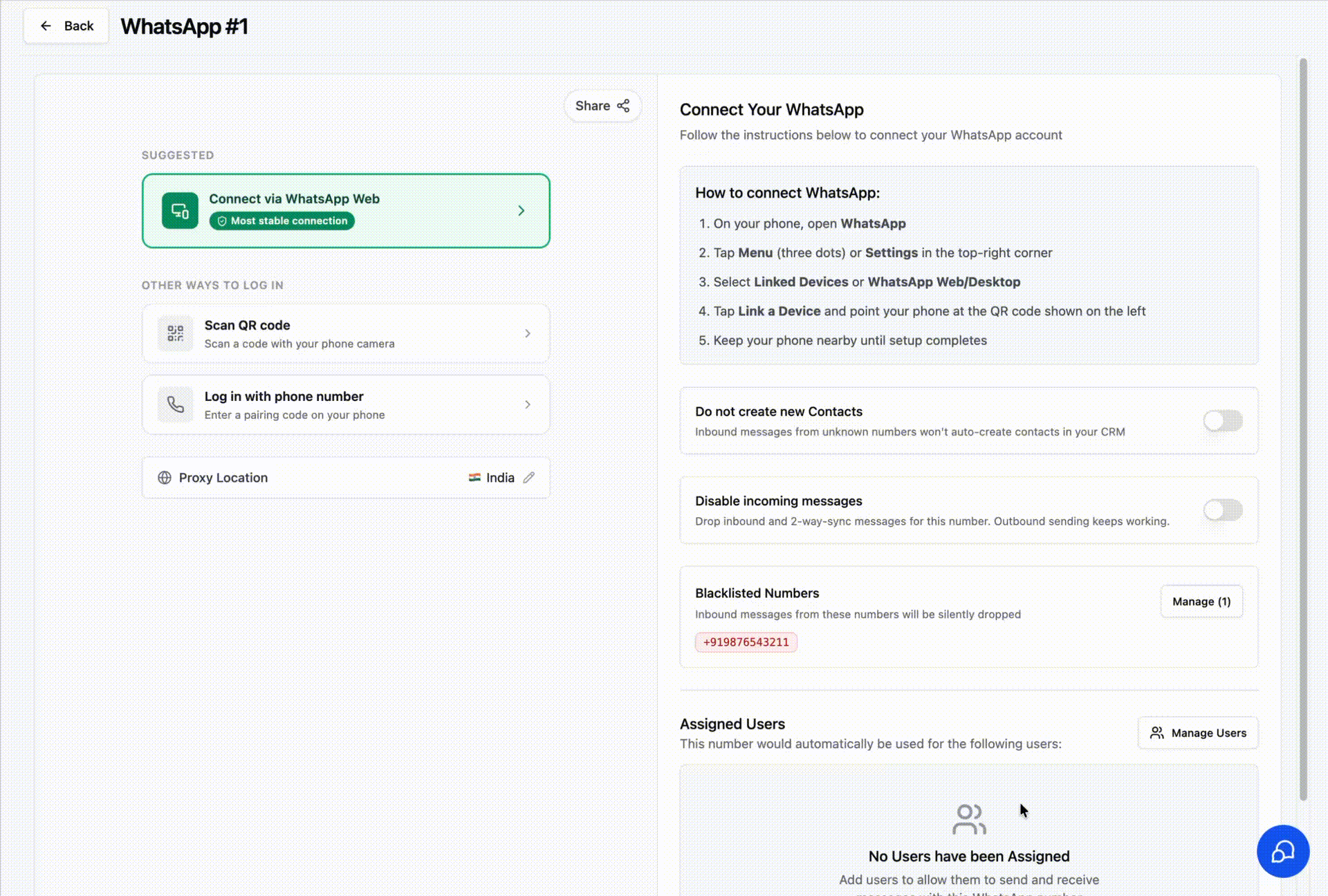 Blacklisted Numbers section on the WhatsApp instance page