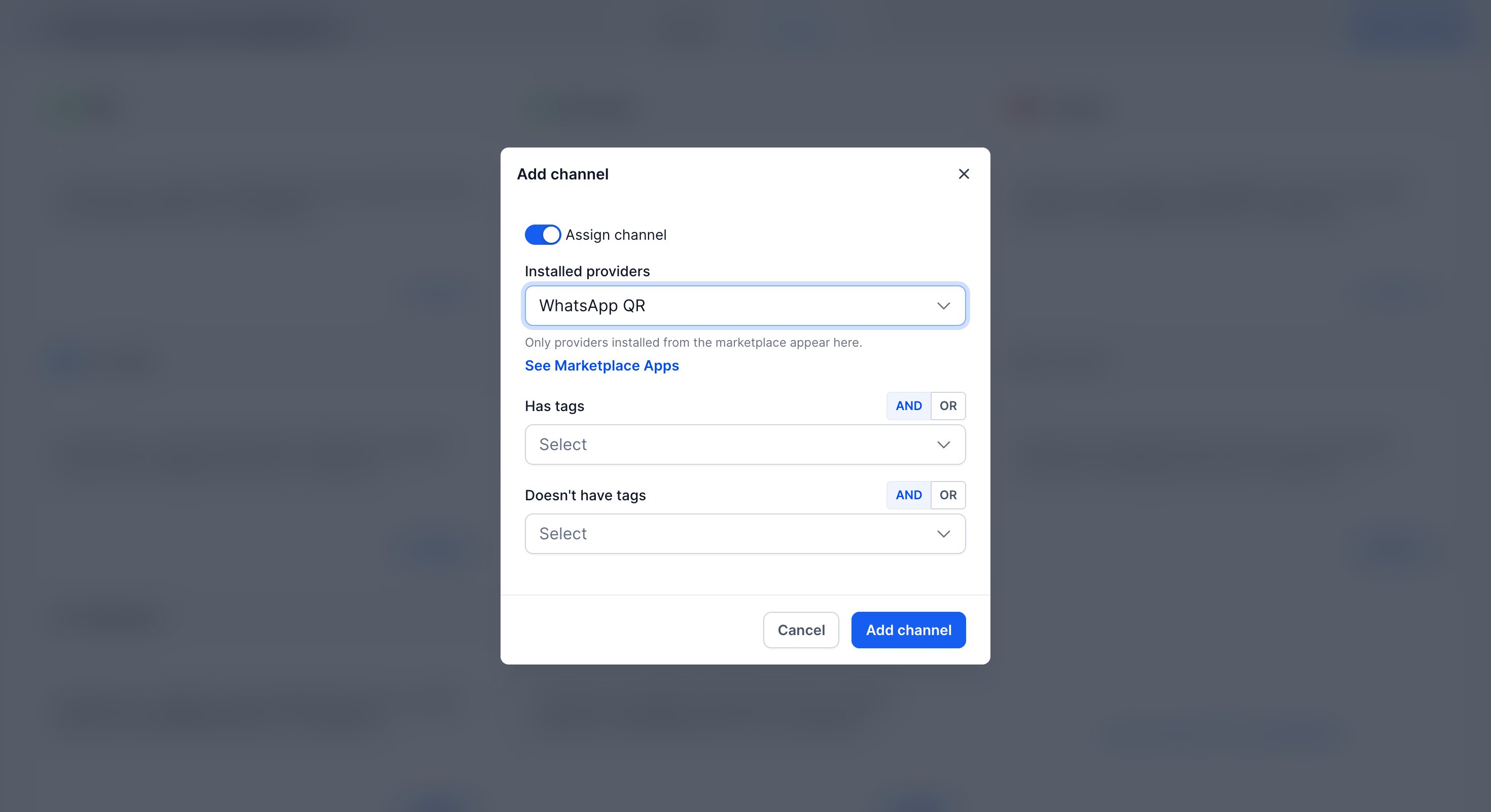 Add channel dialog with WhatsApp QR selected as the installed provider