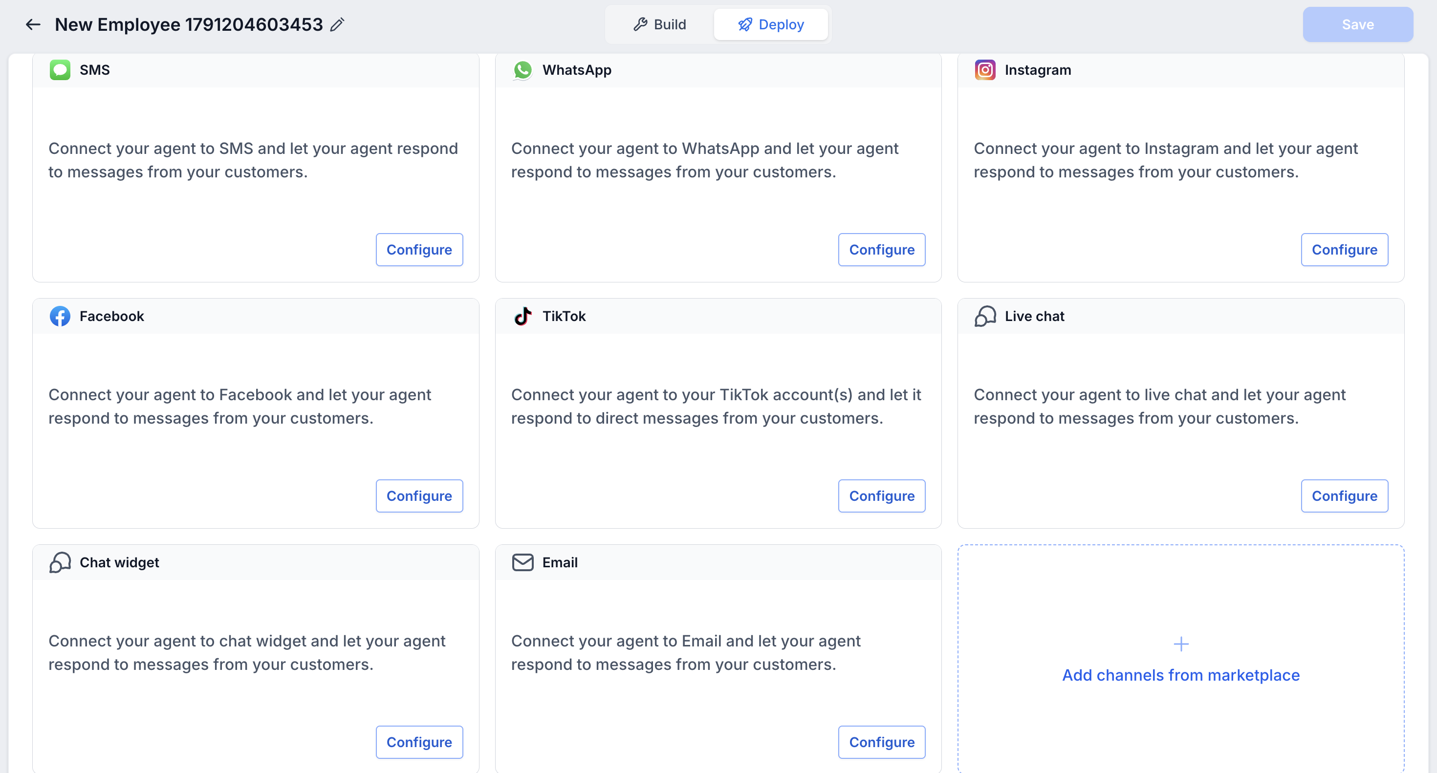 Deploy tab with a card per channel