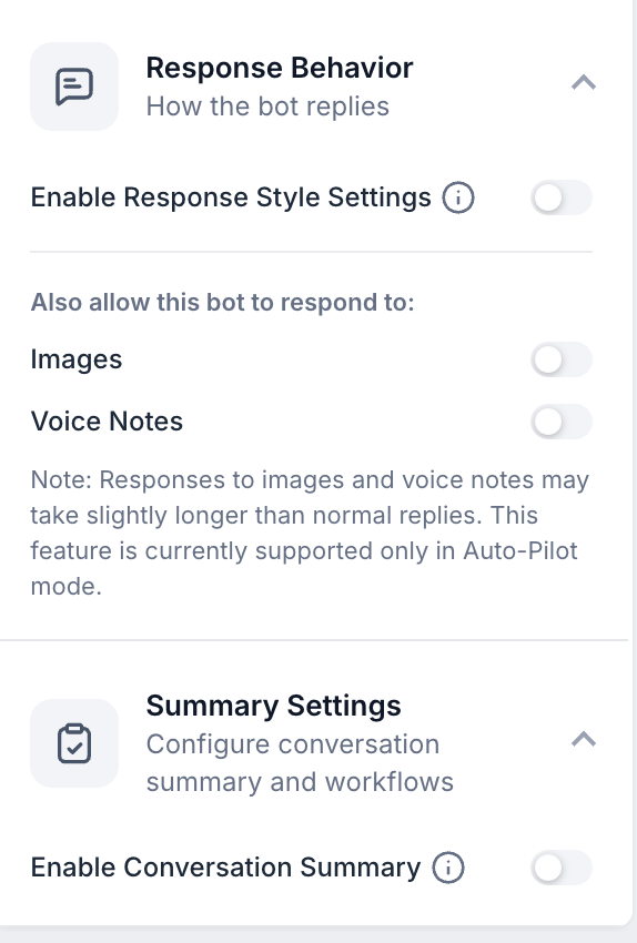 Response Behavior and Summary Settings panels
