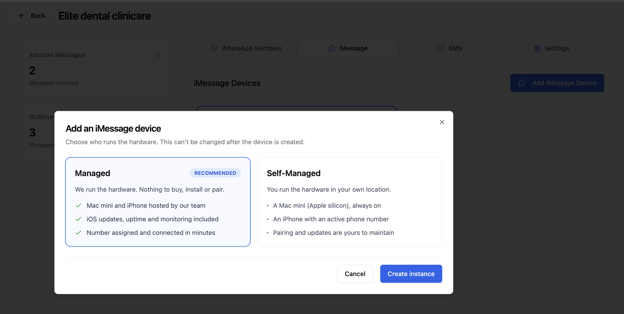 Add an iMessage device dialog with the Managed option selected