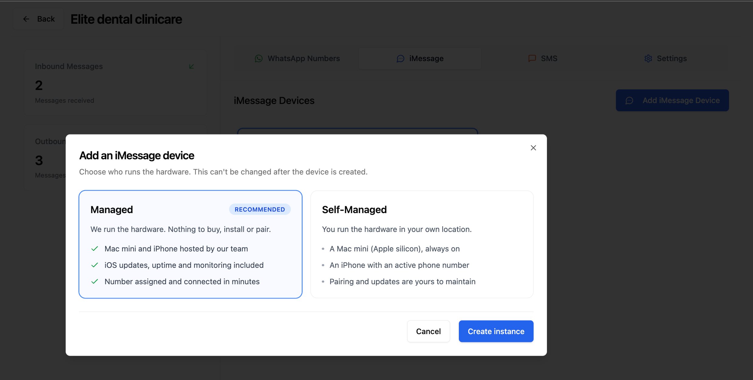 Add an iMessage device dialog with the Managed option selected