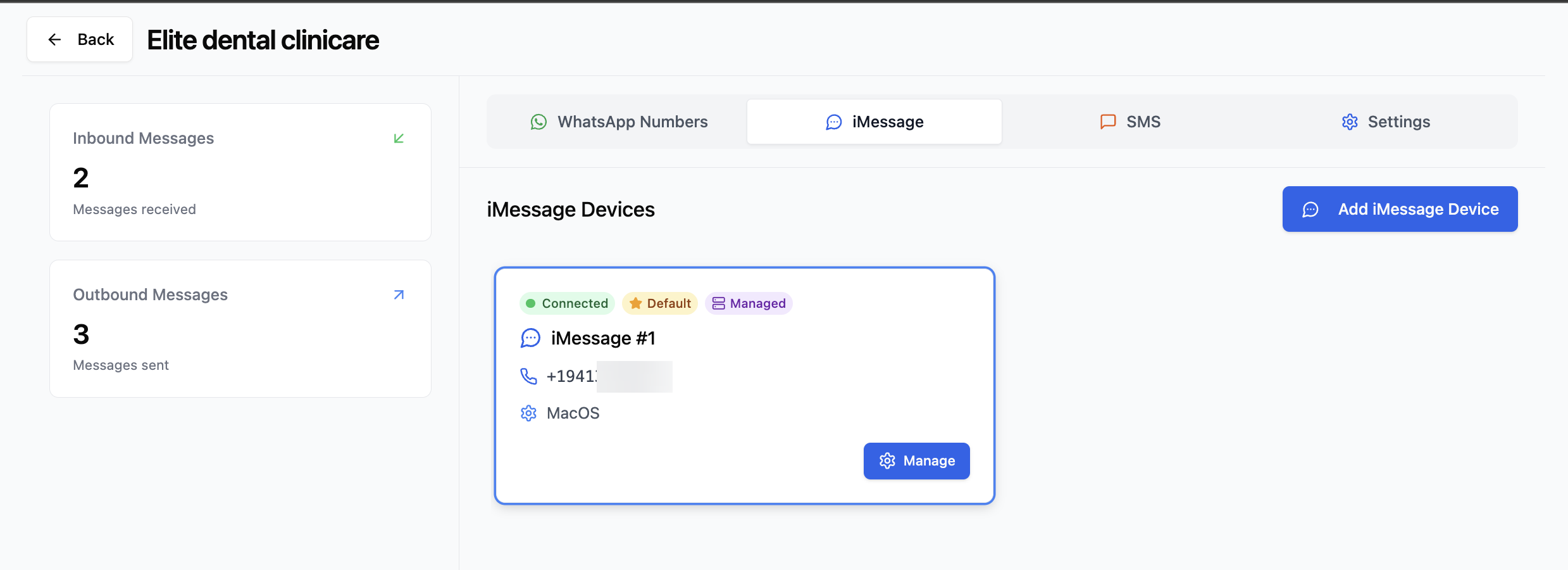 iMessage device card showing Connected, Default, and Managed badges with the claimed number