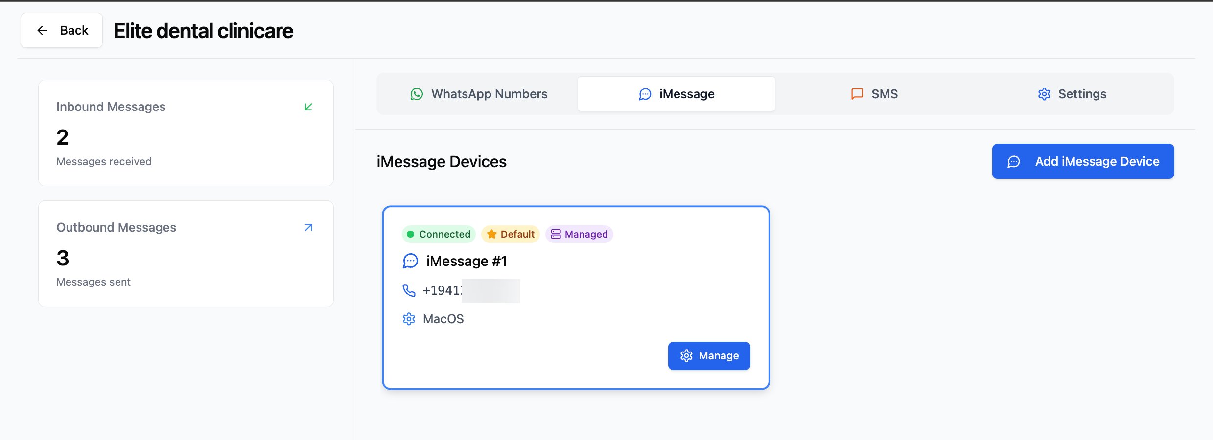iMessage device card showing Connected, Default, and Managed badges with the claimed number