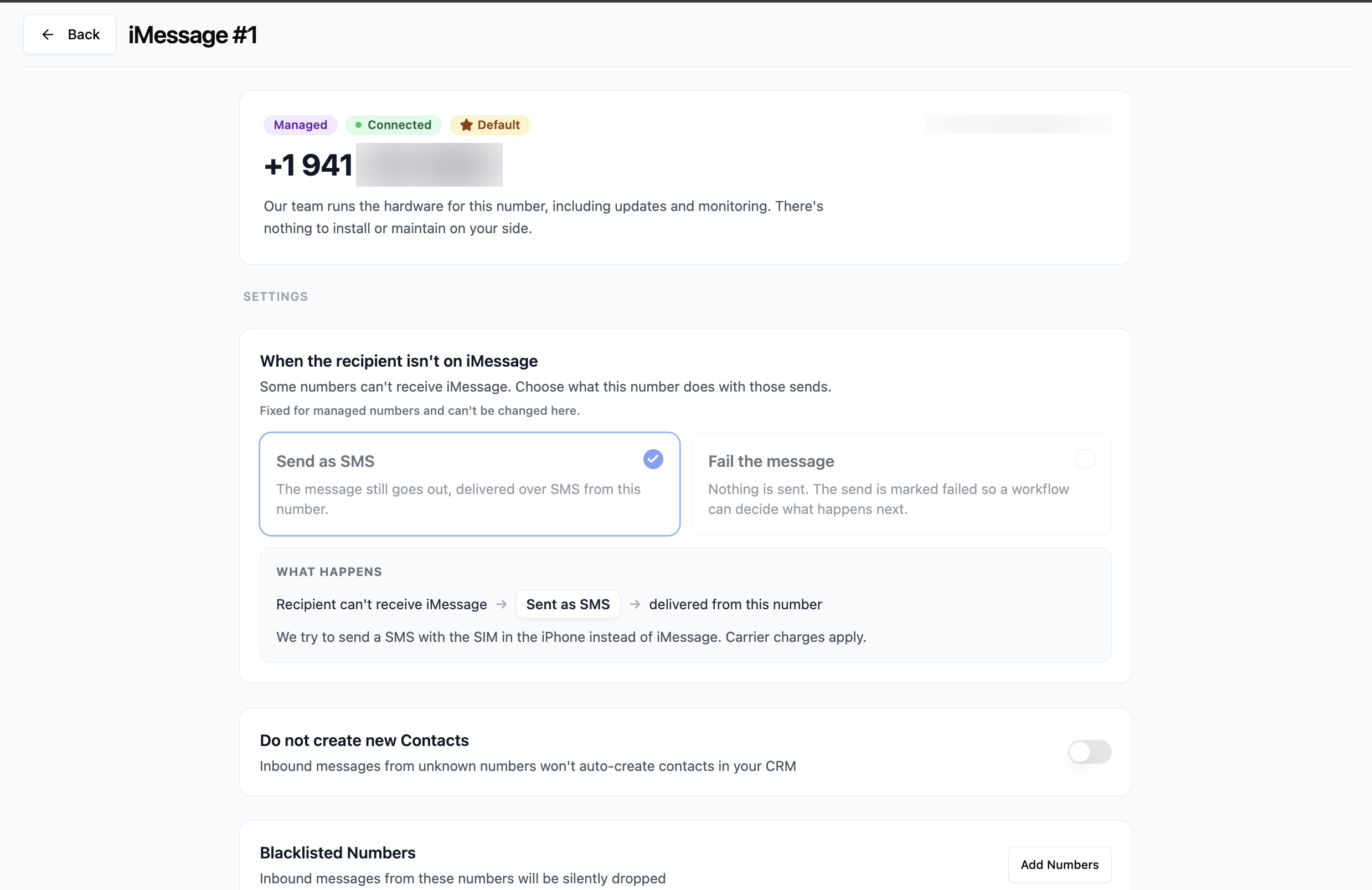 Managed iMessage device settings page showing the SMS fallback, contact creation toggle, and blacklist