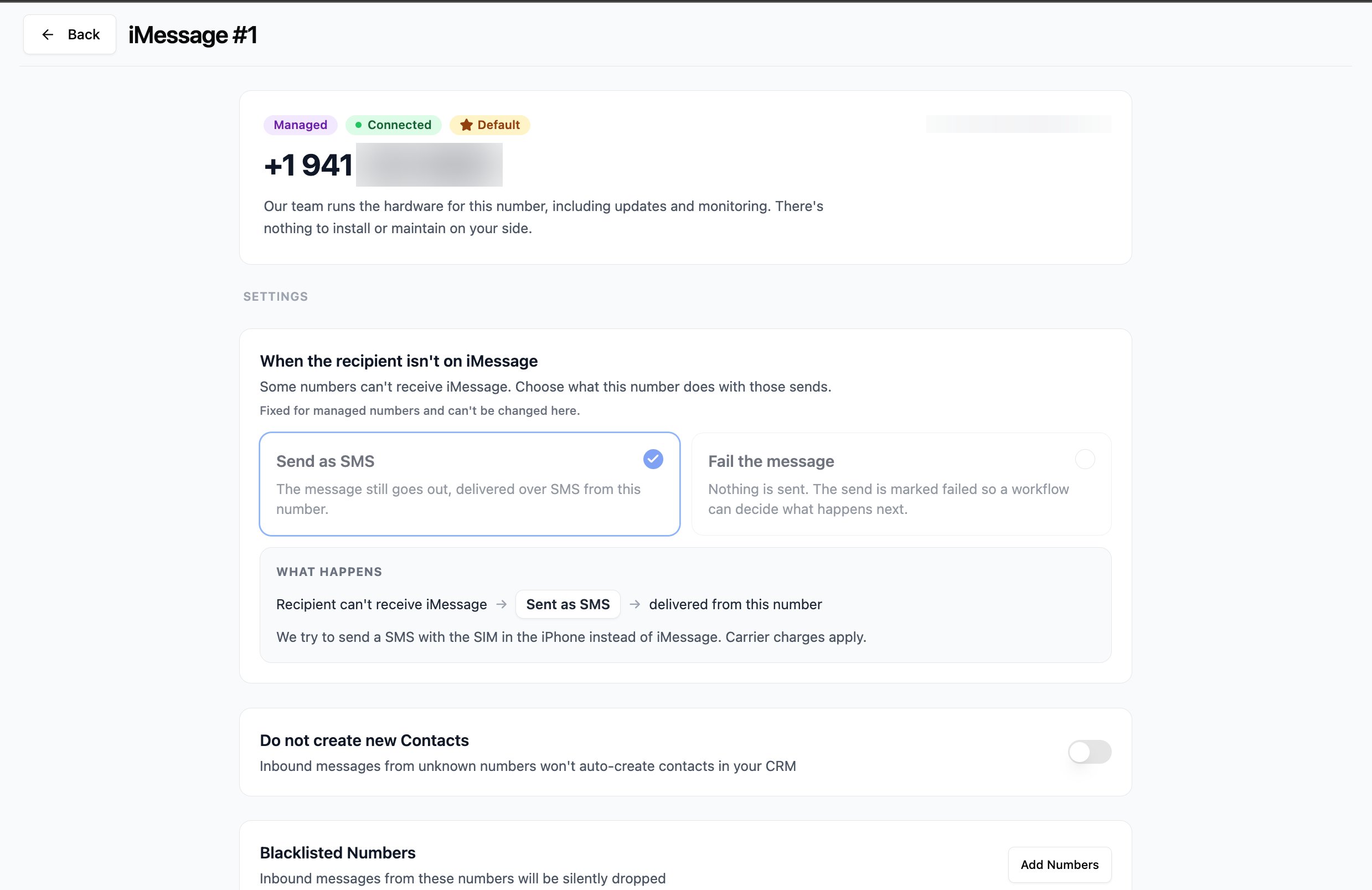 Managed iMessage device settings page showing the SMS fallback, contact creation toggle, and blacklist