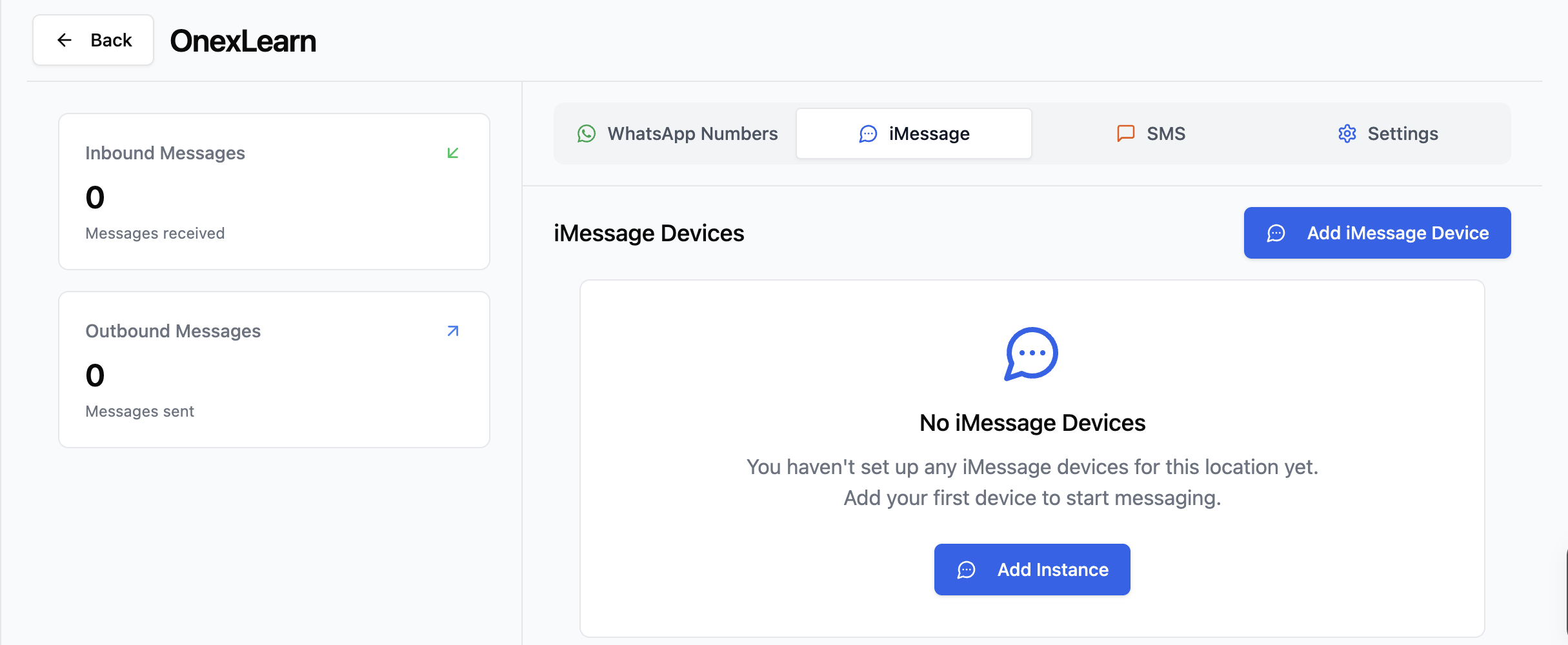 iMessage tab with no devices yet and the Add iMessage Device button