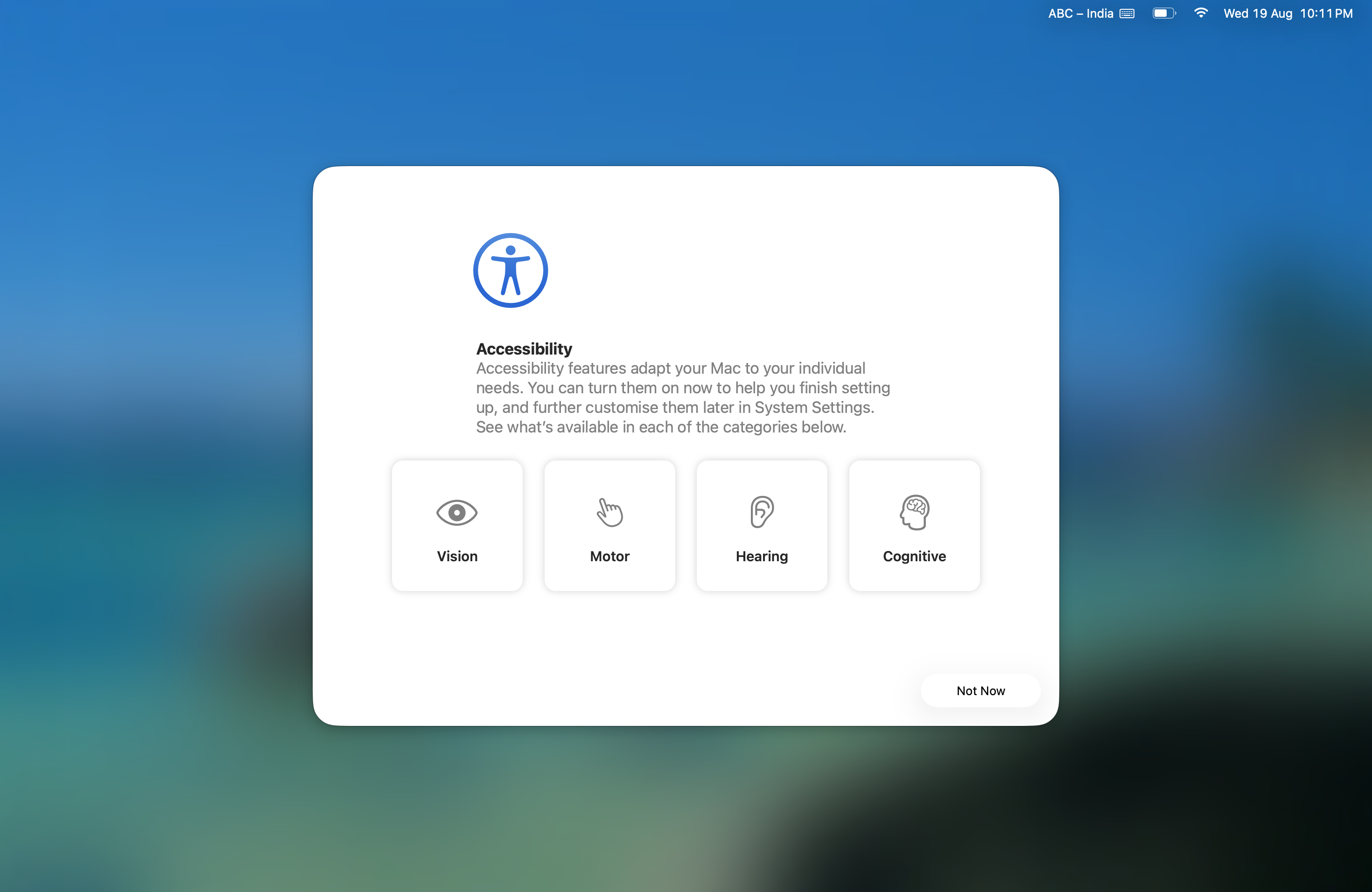 Accessibility setup screen - click Not Now